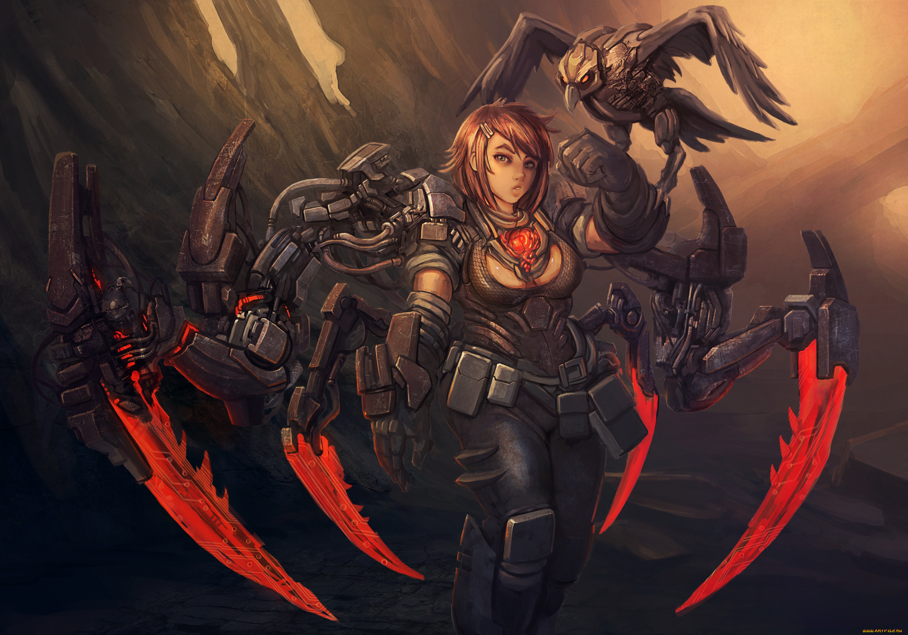 фэнтези, роботы, , киборги, , механизмы, киборг, девушка, птица, ворон, скалы