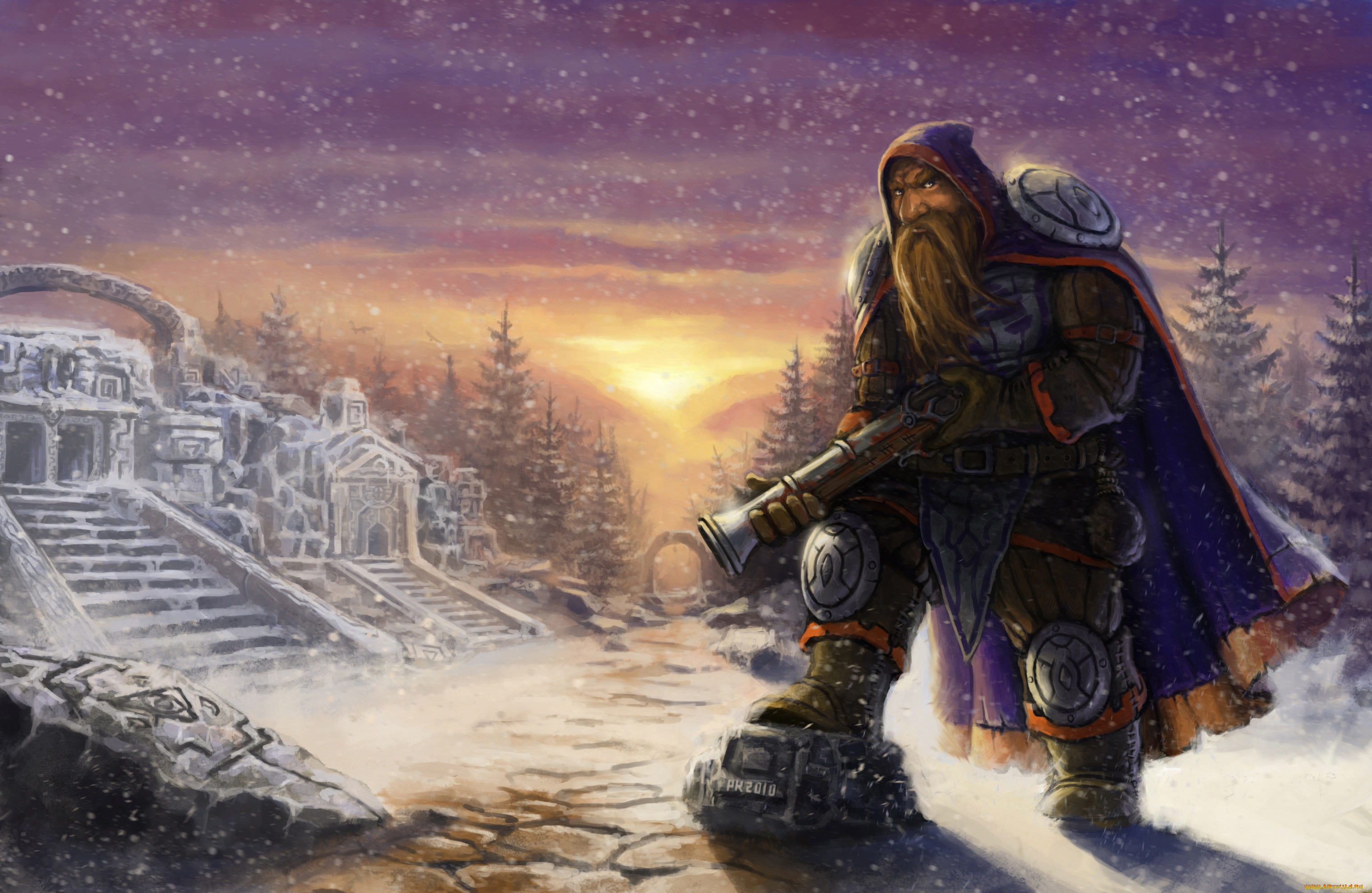 фэнтези, люди, доспехи, воин, гном, оружие, развалины