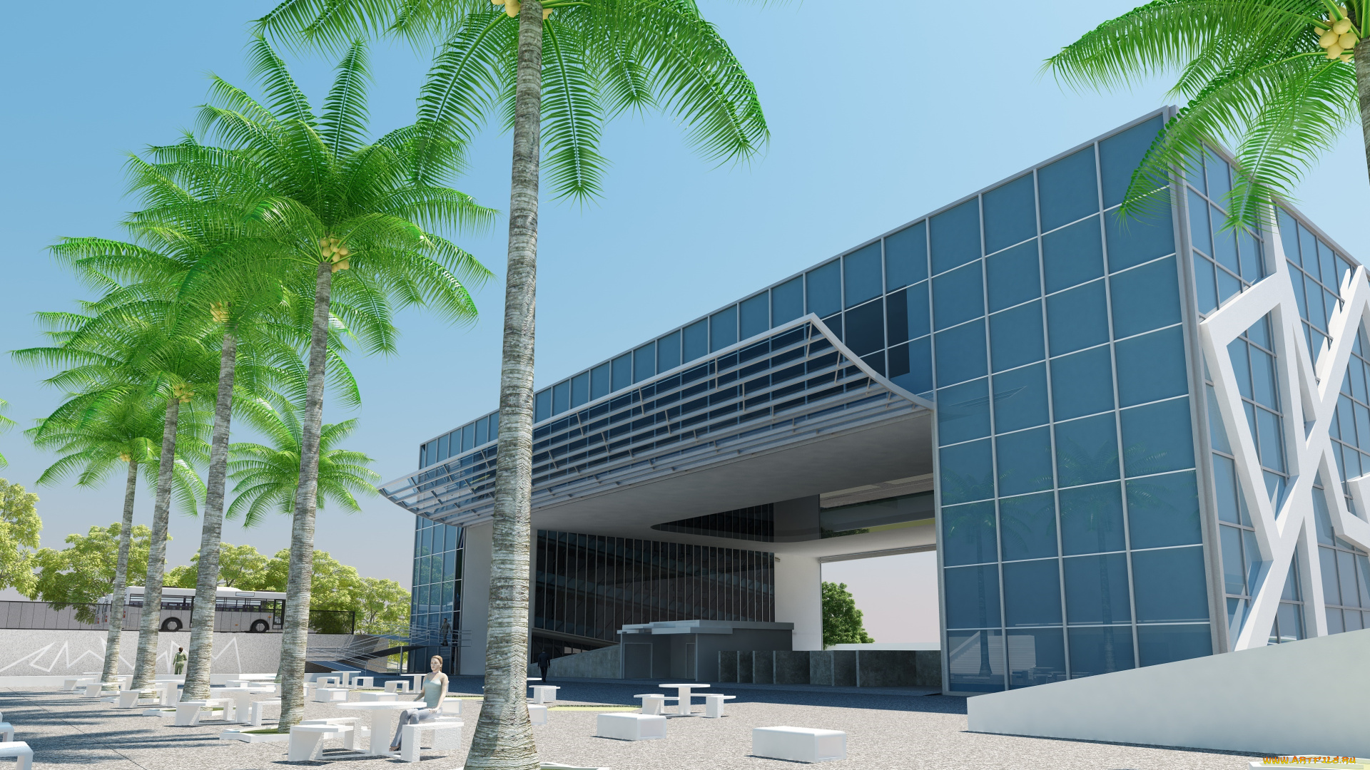 3д, графика, архитектура, , architecture, небо, пальмы, дом