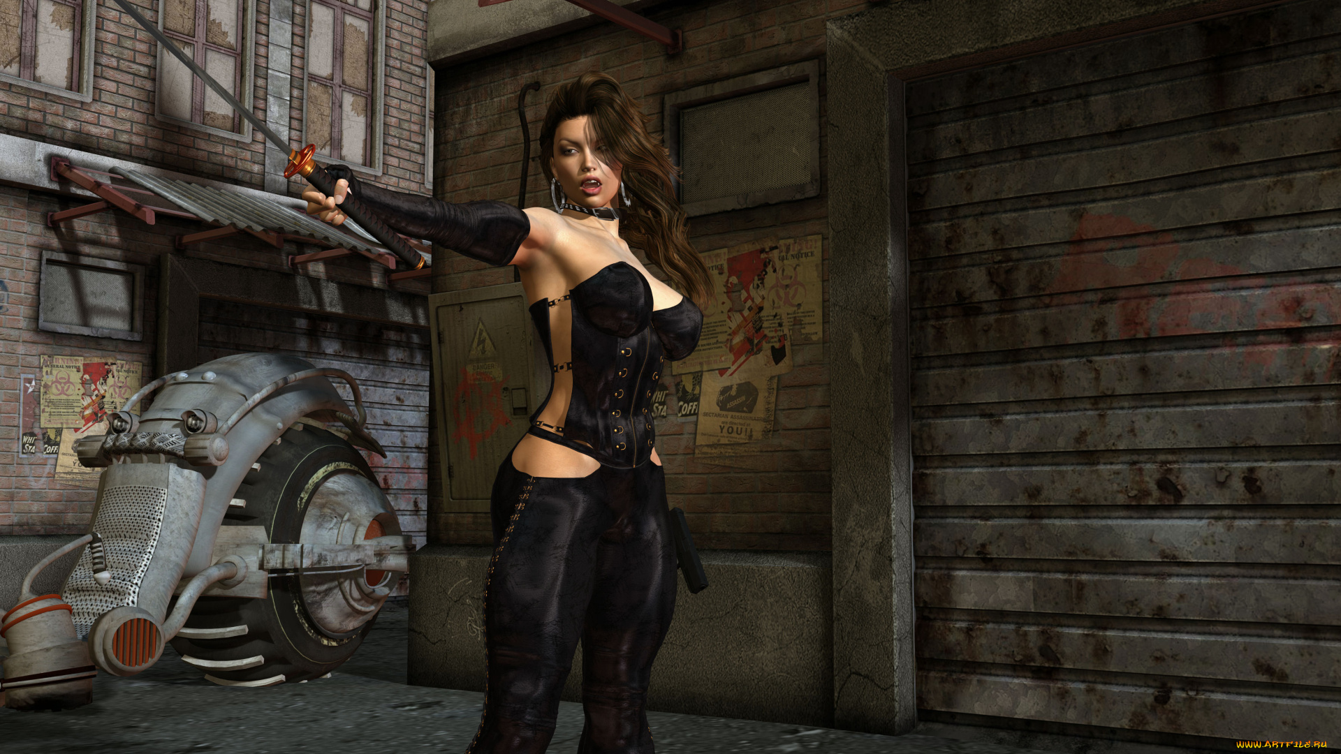 3д, графика, фантазия, , fantasy, девушка, взгляд, фон, оружие