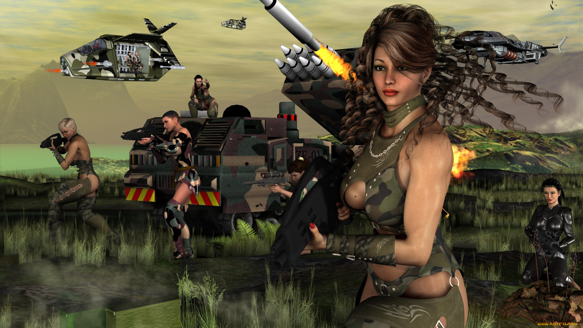 3д, графика, фантазия, , fantasy, фон, оружие, девушки, взгляд