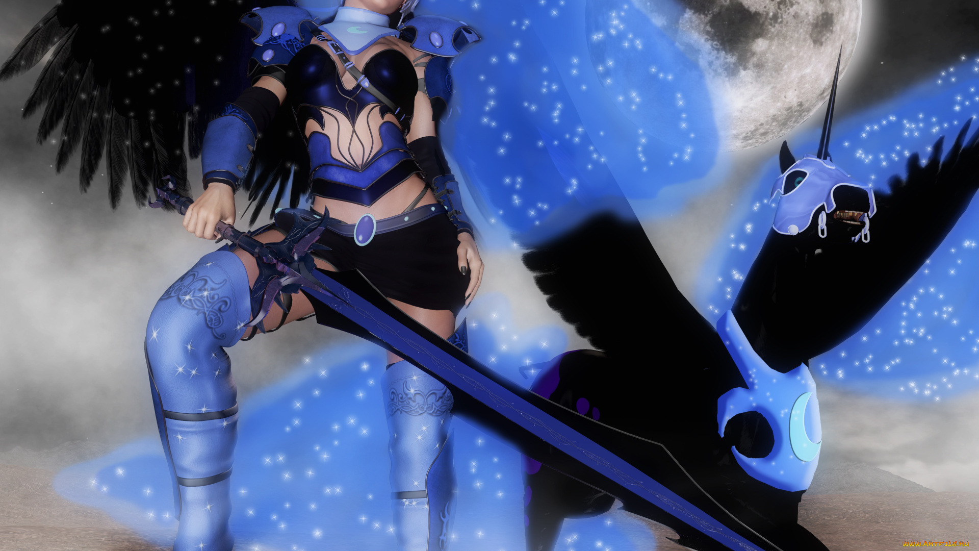 3д, графика, фантазия, , fantasy, оружие, девушка, взгляд, фон, луна, пегас