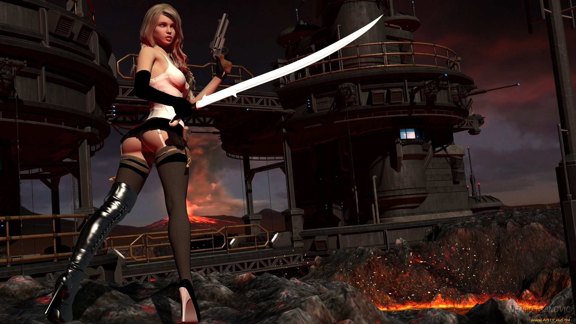 3д, графика, фантазия, , fantasy, оружие, фон, взгляд, девушка