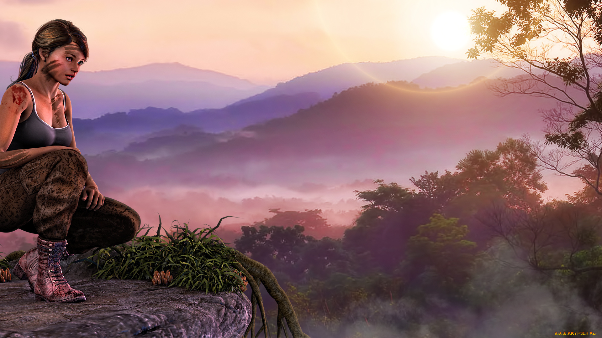 3д, графика, люди, , people, девушка, взгляд, фон, горы, лес, туман