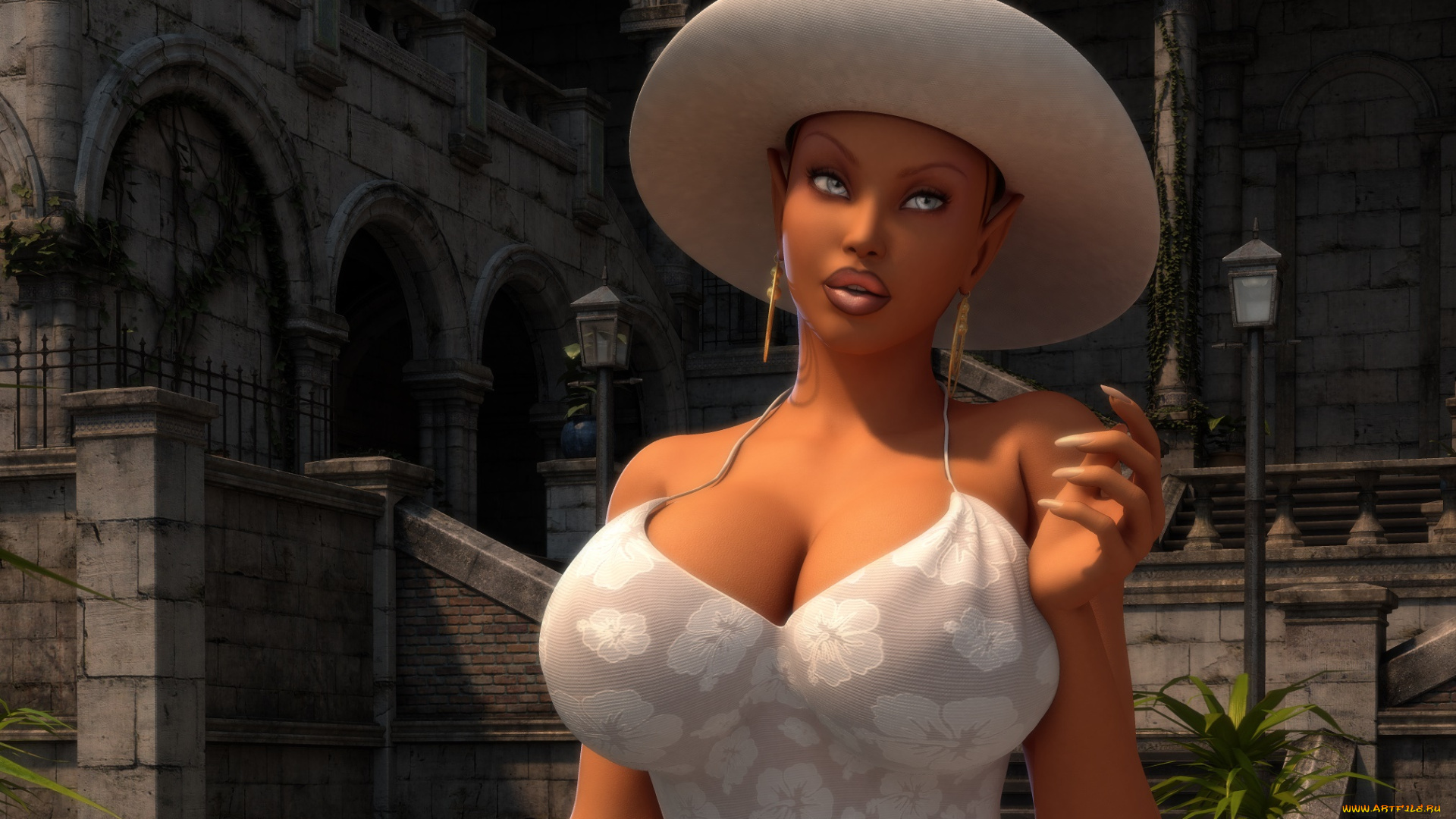 3д, графика, люди, , people, фон, шляпа, взгляд, девушка