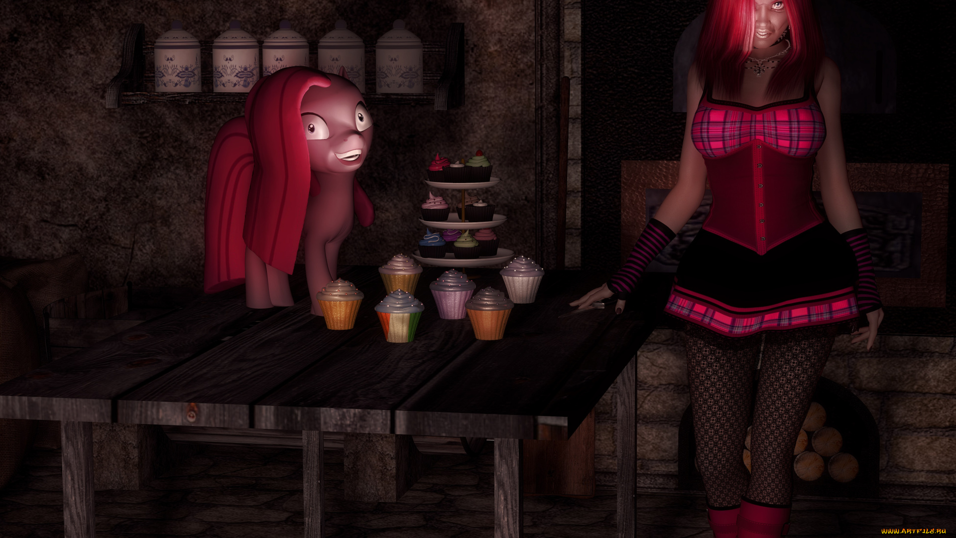 3д, графика, люди, , people, стол, угощение, пони, фон, взгляд, девушка