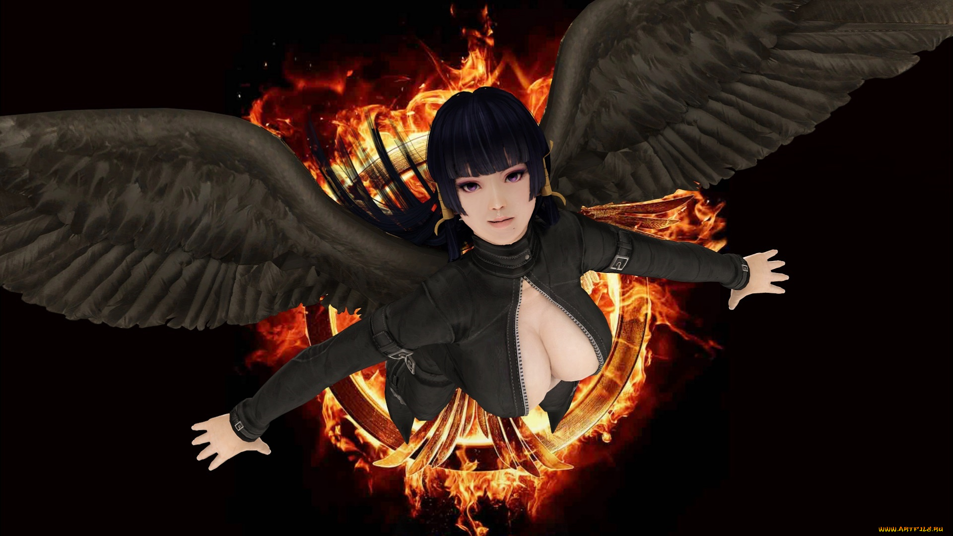 3д, графика, существа, , creatures, девушка, взгляд, фон, крылья, огонь