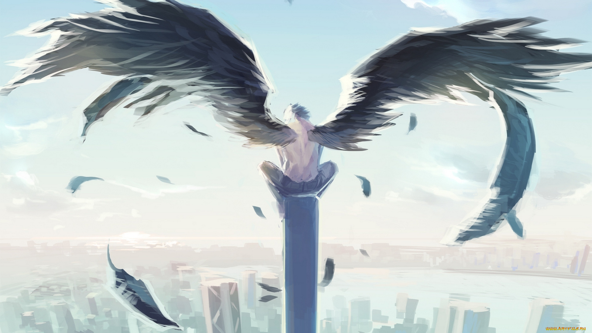 аниме, ангелы, , демоны, арт, luen, kulo, парень, крылья, город, облака, небо, перья, дома, высота
