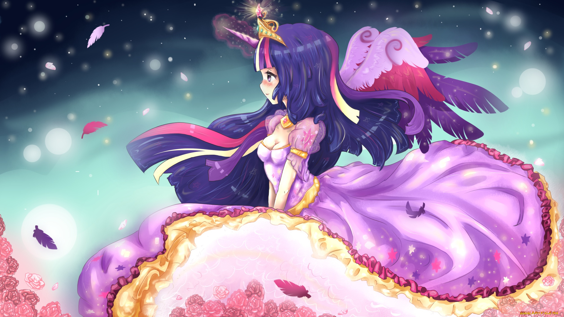 аниме, ангелы, , демоны, twilight, sparkle, девочка, крылья, цветы, my, little, pony, платье, розы, арт, перья