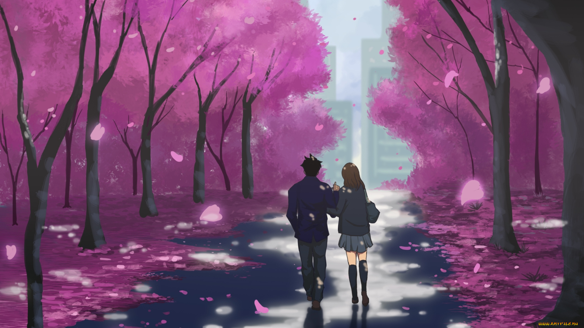 аниме, город, , улицы, , здания, арт, donsaid, dias, mardianto, парень, школьники, девушка, форма, сакура, деревья