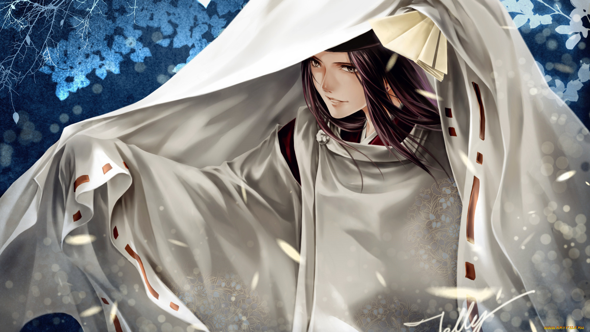 аниме, hikaru, no, go, арт, цветы, ветви, полотно, ткань, дух, парень, fujiwara, no, sai, hikaru, go