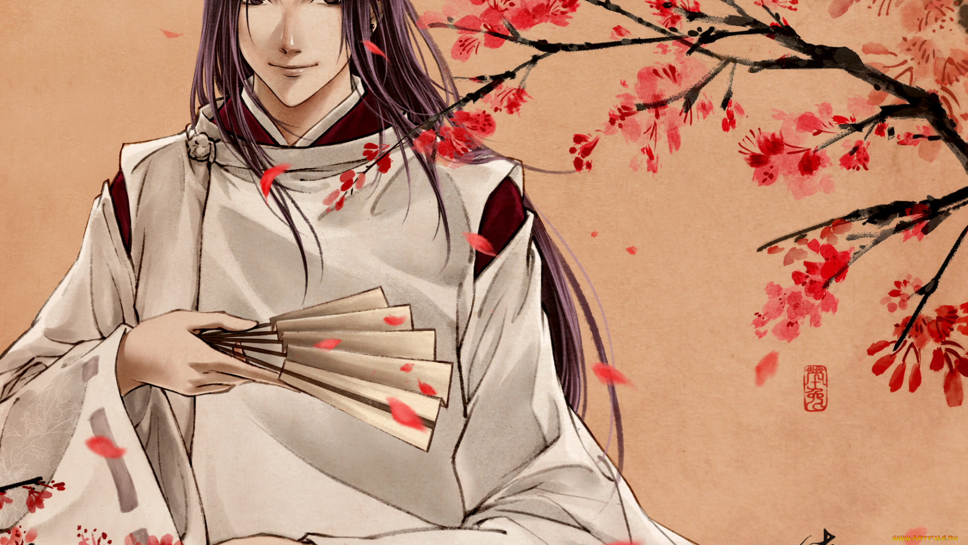 аниме, hikaru, no, go, арт, улыбка, веер, цветы, дерево, дух, парень, fujiwara, no, sai, hikaru, go