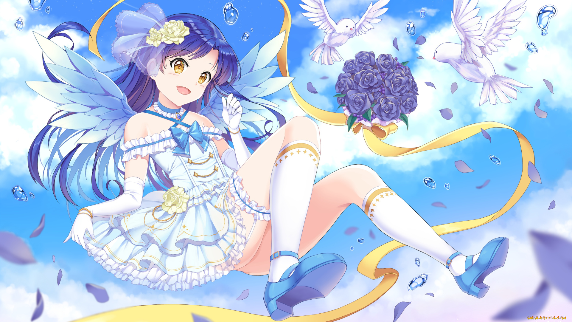 аниме, idolm@ster, idolmaster, kisaragi, chihaya, chobi, penguin, paradise, птицы, голуби, лепестки, небо, еапли, цветы, платье, девочка, арт