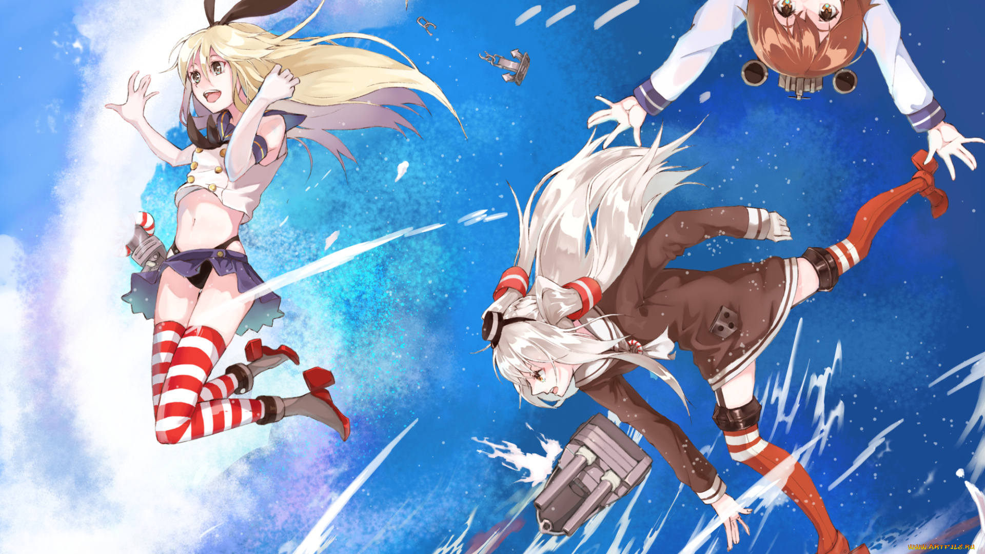 аниме, kantai, collection, девушки, amatsukaze, kancolle, shimakaze, yukikaze, kantai, collection, небо, море, арт