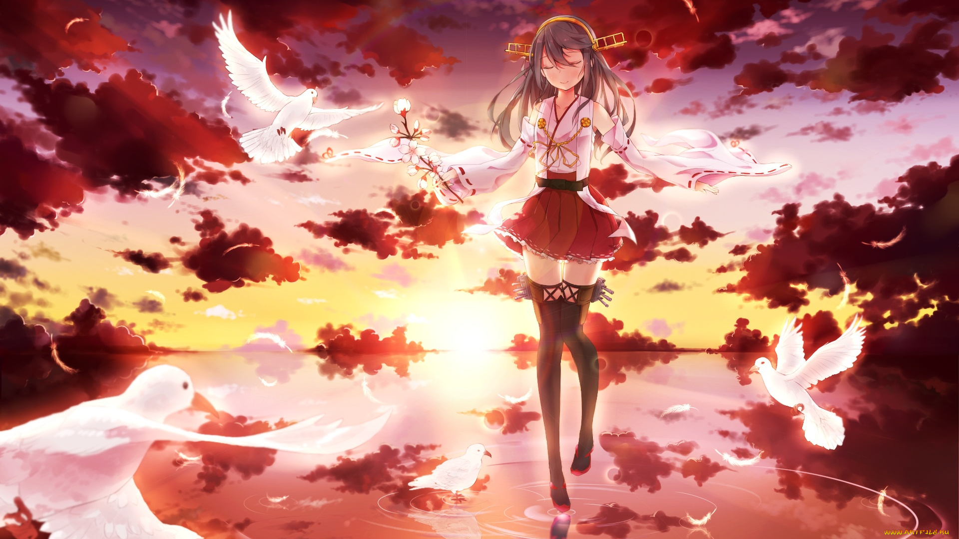 аниме, kantai, collection, kantai, collection, haruna, kancolle, shakugan, natural, stay, арт, девушка, небо, вечер, закат, птицы, голуби