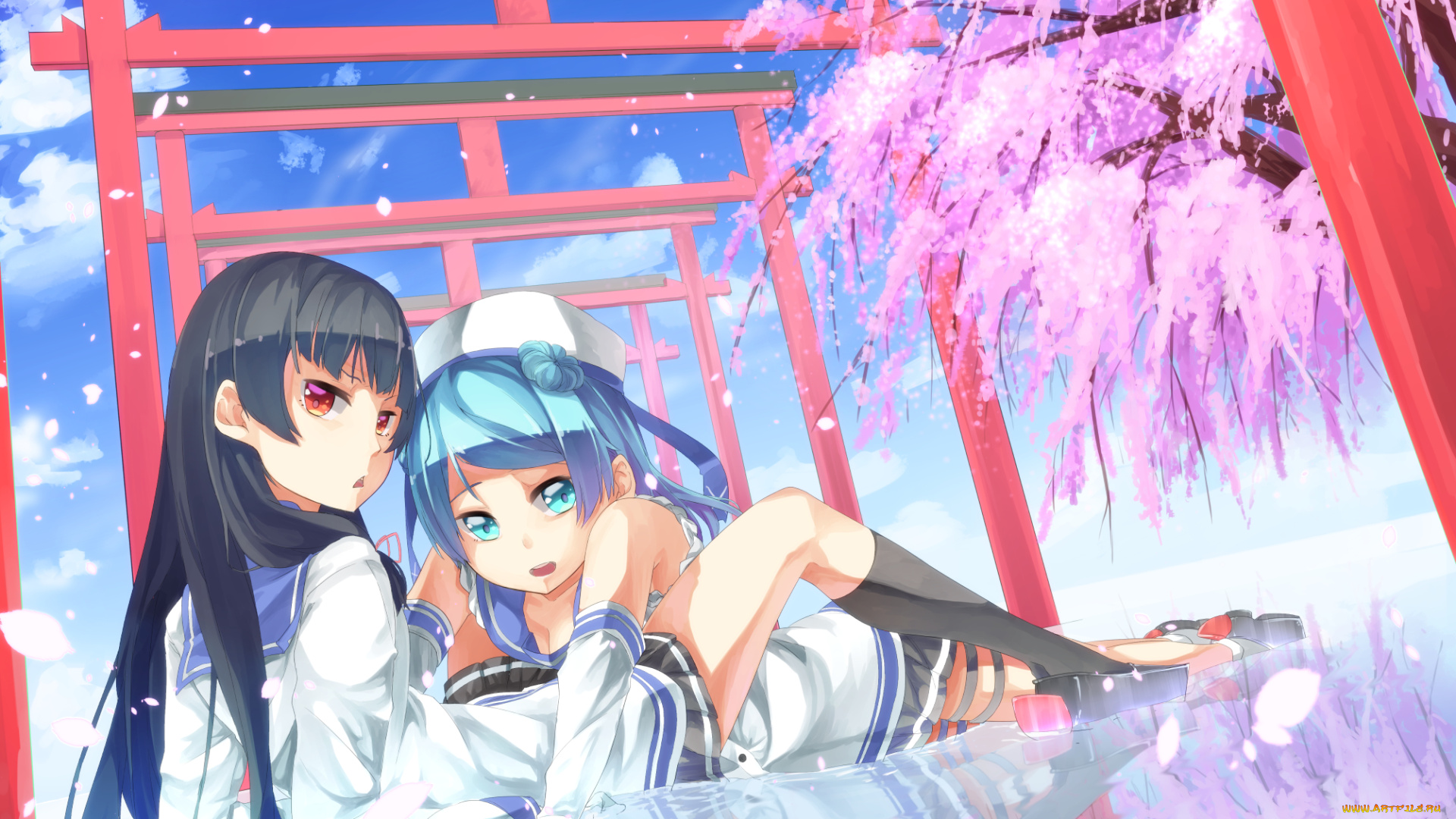 аниме, kantai, collection, kantai, collection, девушки, арт, весна, небо, дерево, цветущее, isokaze, kancolle, urakaze, saraki