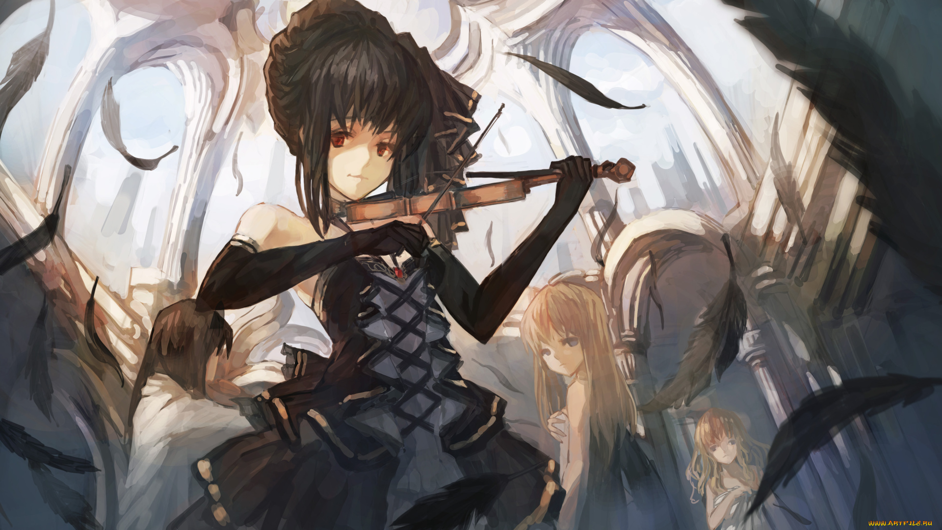 аниме, музыка, qghy, платье, скрипка, девушка, арт