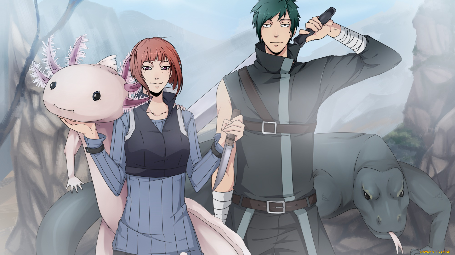 аниме, naruto, парень, оружие, варан, девушка, взгляд, фон