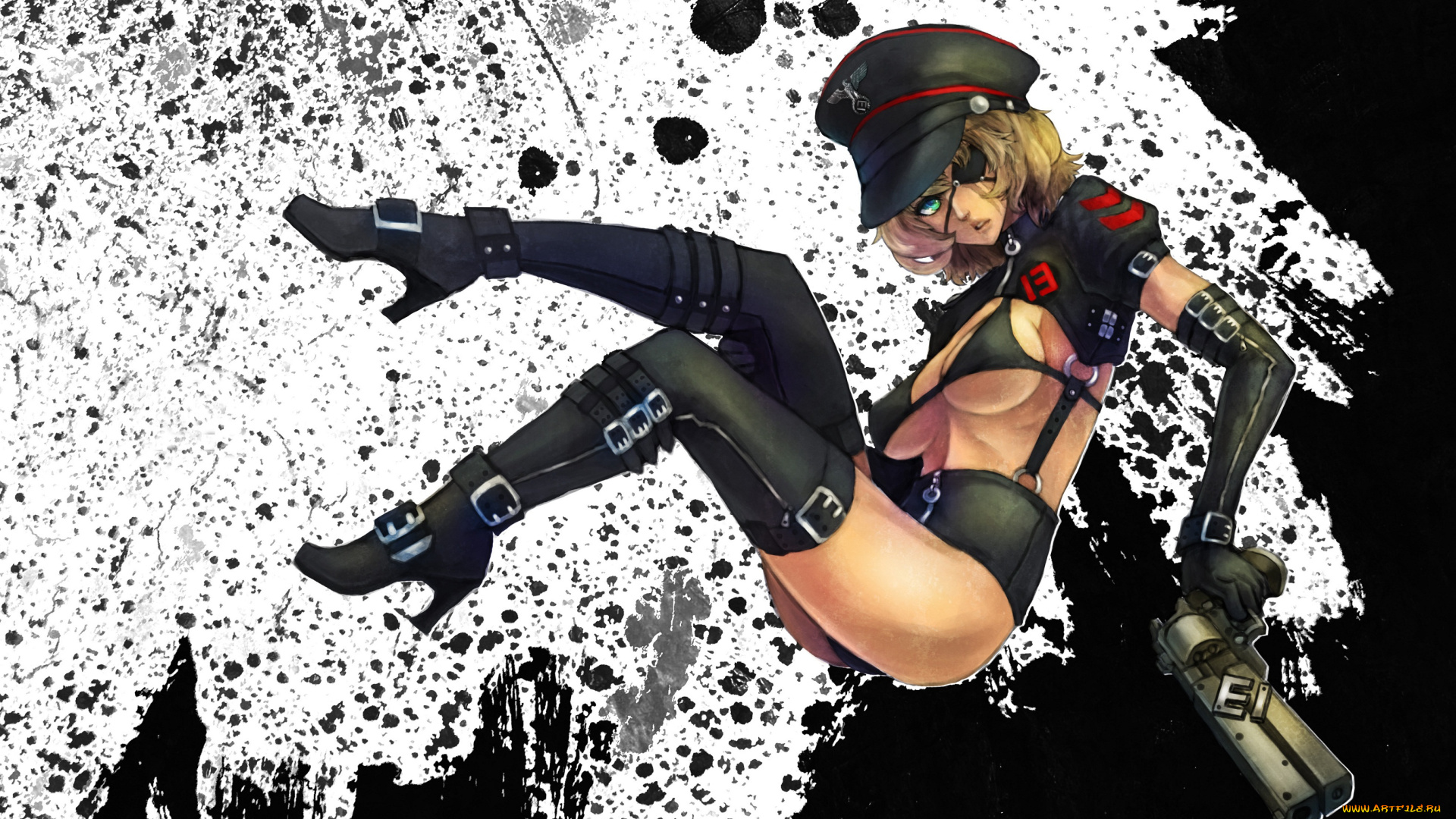 аниме, оружие, , техника, , технологии, ноги, арт, фуражка, пистолет, грудь, эротика, девушка