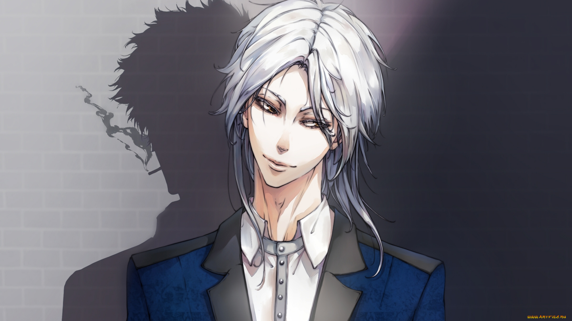 аниме, psycho-pass, парень, kougami, shinya, тень, дым, сигарета, арт, makishima, shougo