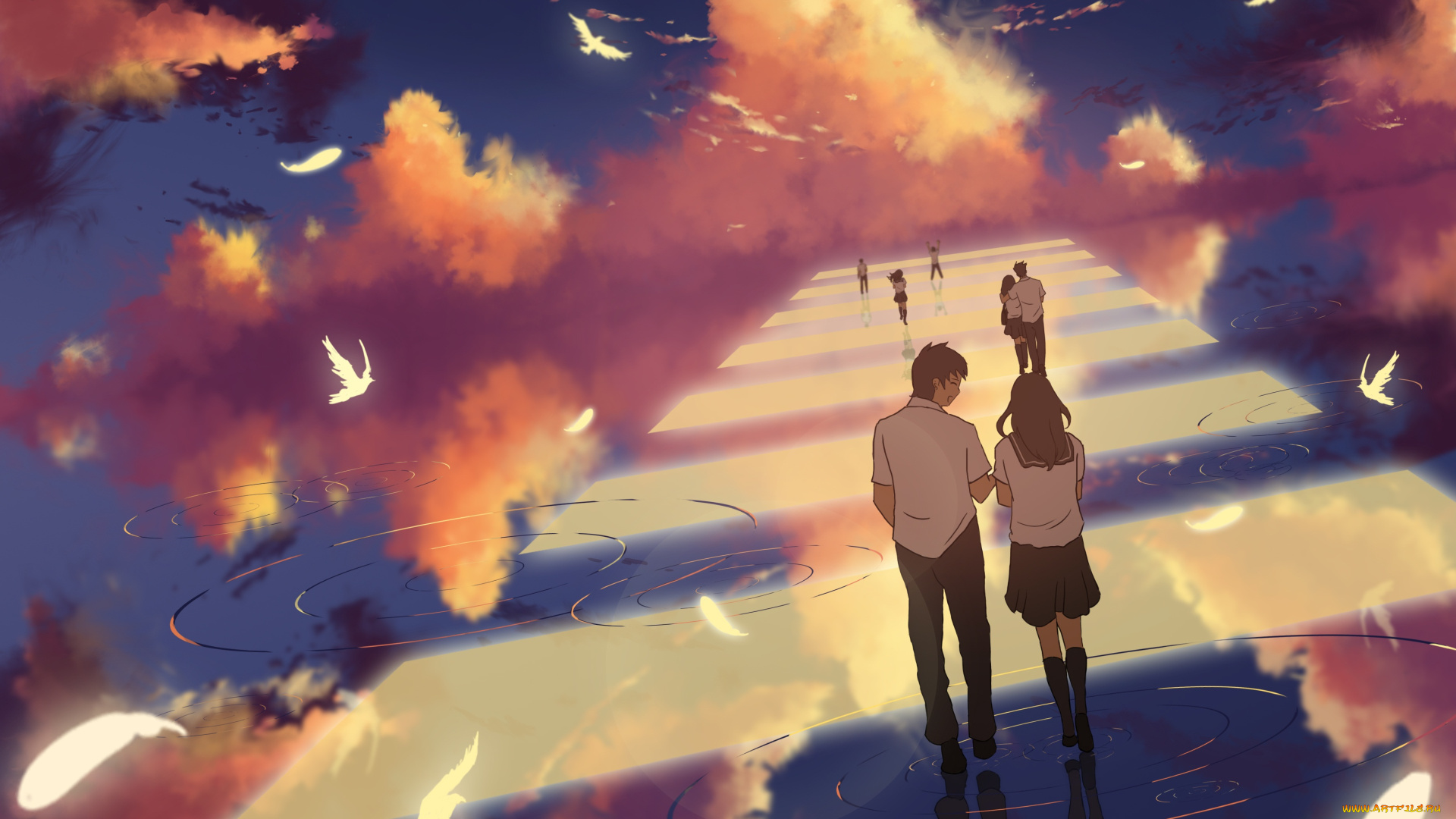 аниме, unknown, , другое, арт, donsaid, dias, mardianto, школьники, форма, девушки, парни, небо, облака, переход, птицы, отражение, вода
