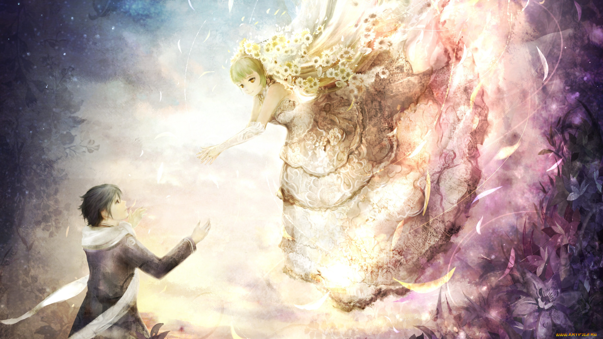 аниме, unknown, , другое, zhang-xiao-bo, арт, парень, девушка, романтика, любовь, цветы