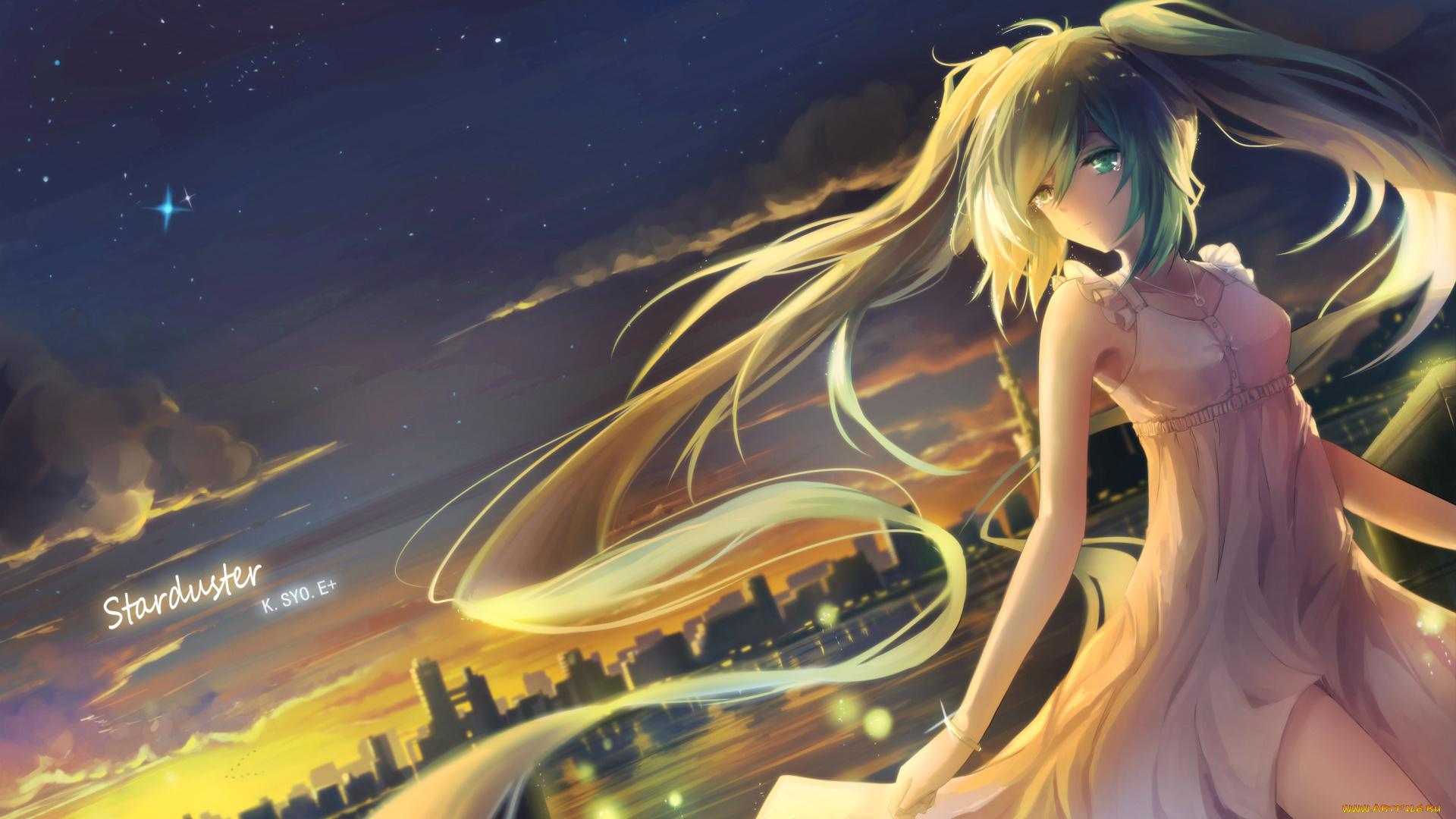 аниме, vocaloid, город, арт, небо, hatsune, miku, kuroi, asahi, звёздное, девушка, огни, волосы, вечер