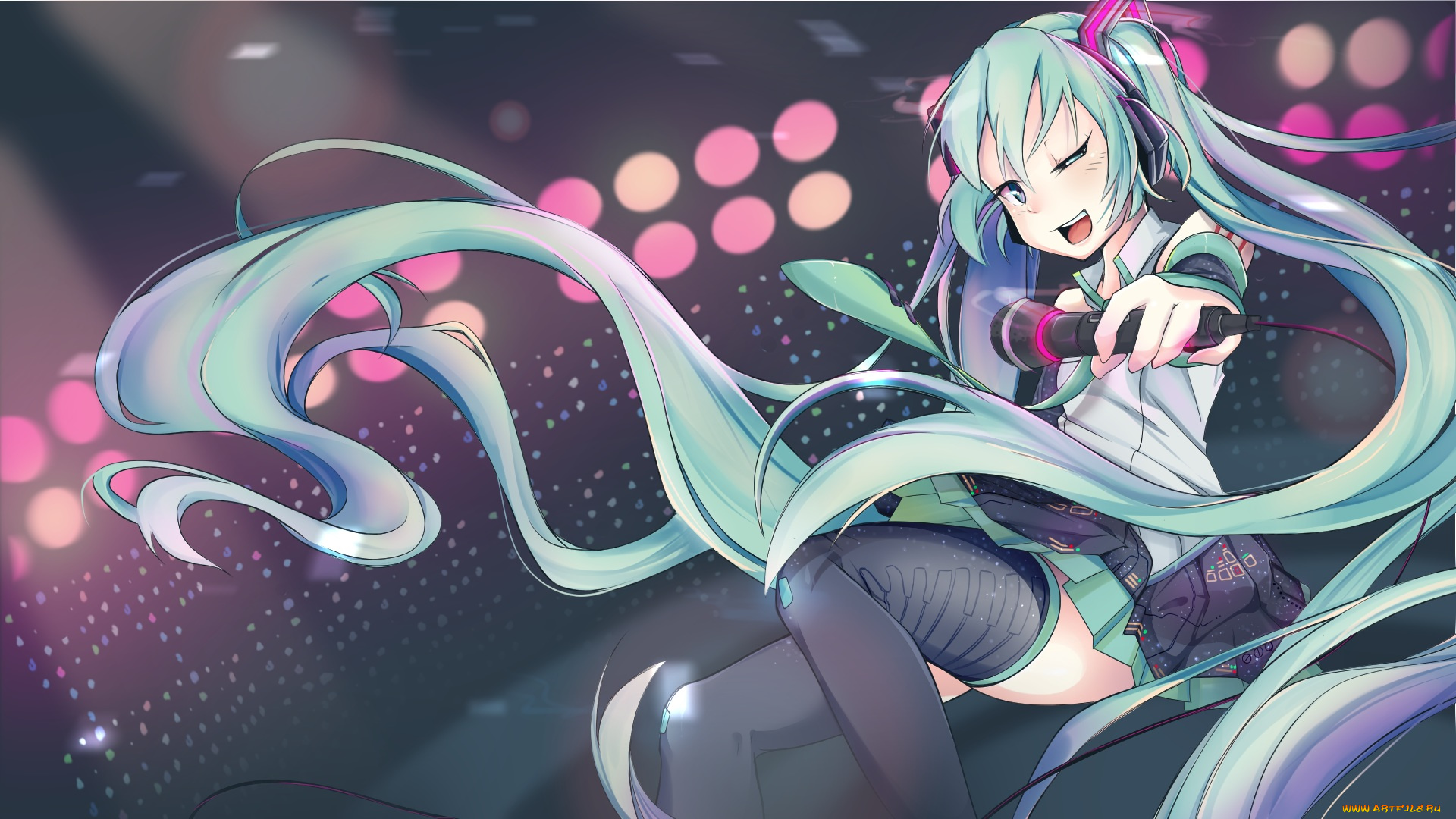 аниме, vocaloid, hatsune, miku, tiri, арт, девочка, микрофон