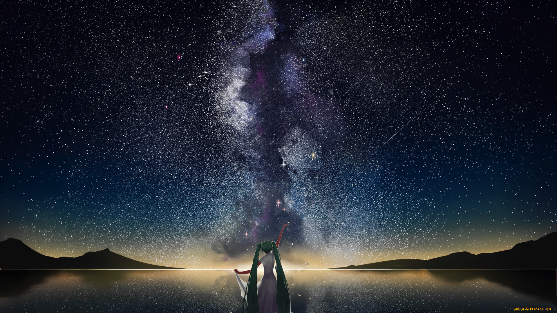 аниме, vocaloid, ночь, девушка, арт, небо, вокалоид, млечный, путь