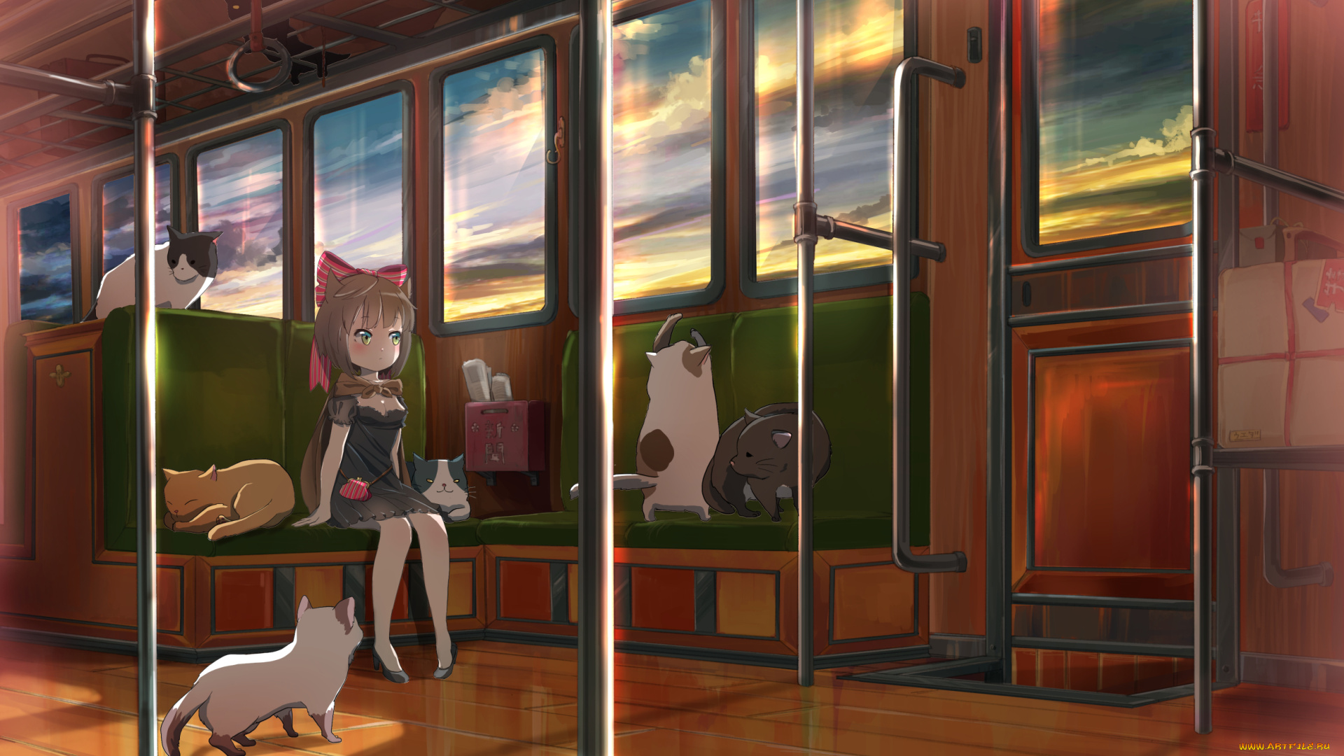 аниме, животные, , существа, арт, девочка, поезд, коты