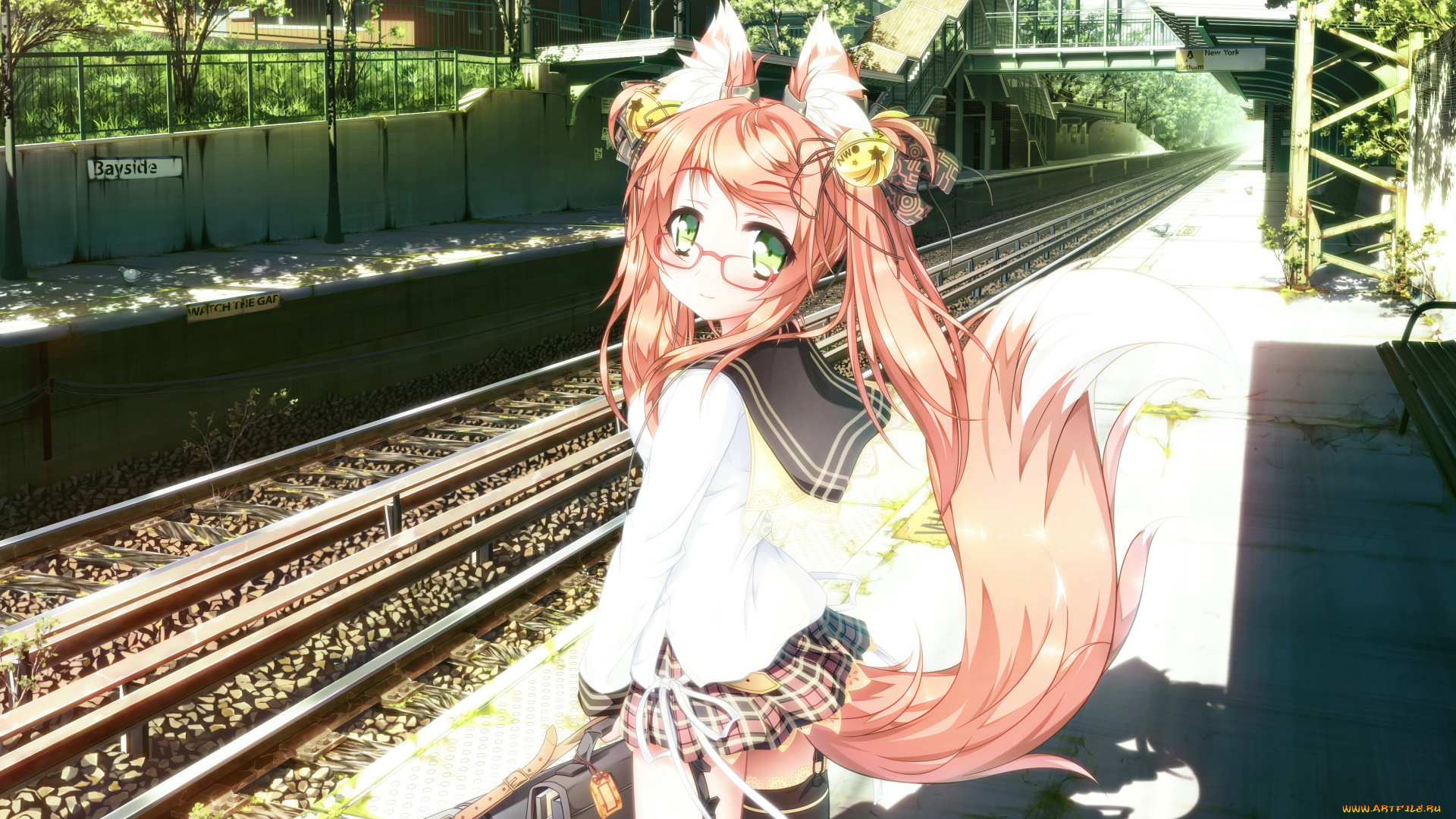 аниме, животные, , существа, хвост, ушки, девочка, рельсы, арт, shiro, dai, kitsune