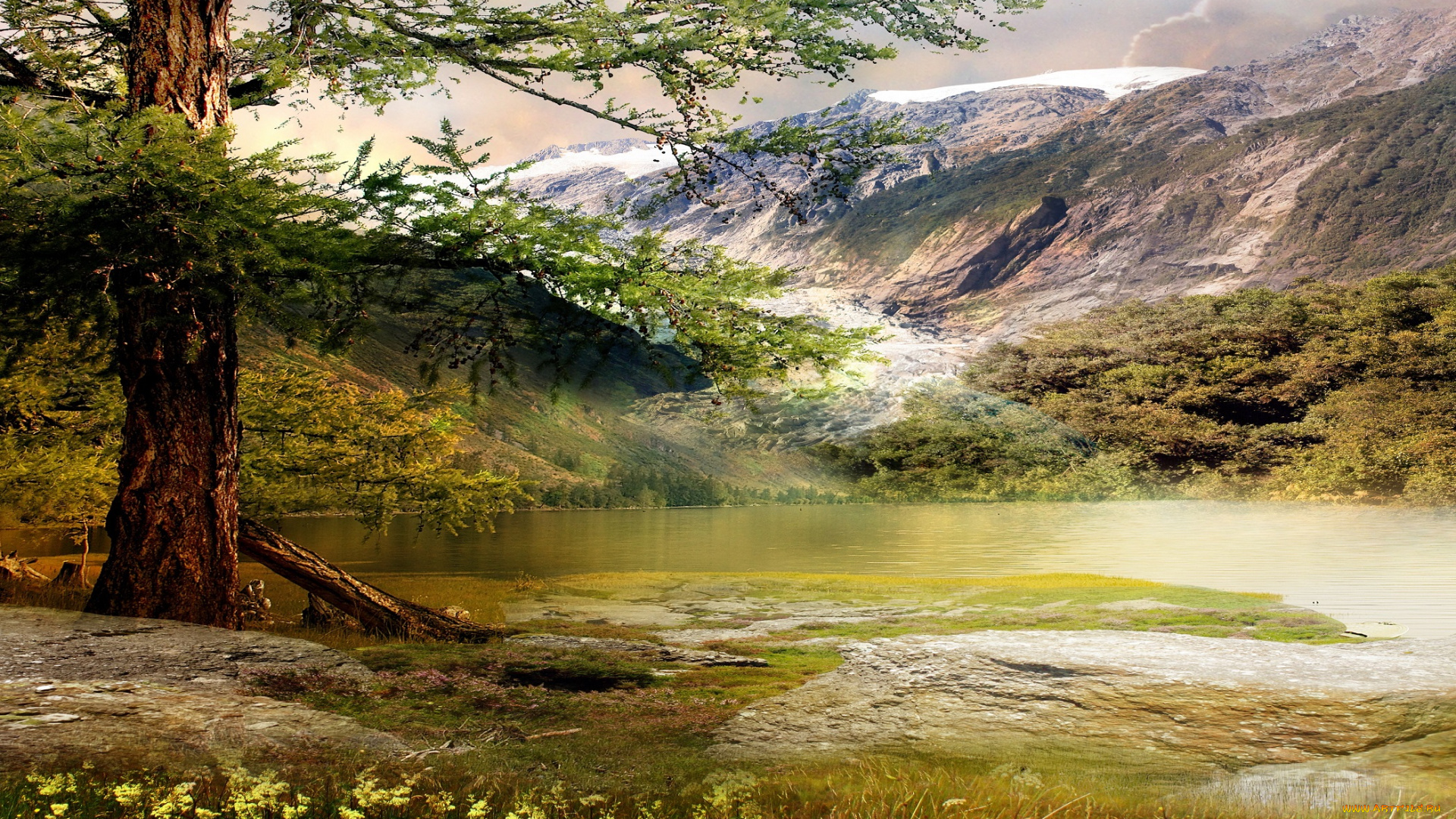 природа, реки, озера, дерево, горы, озеро, пейзаж, цветы