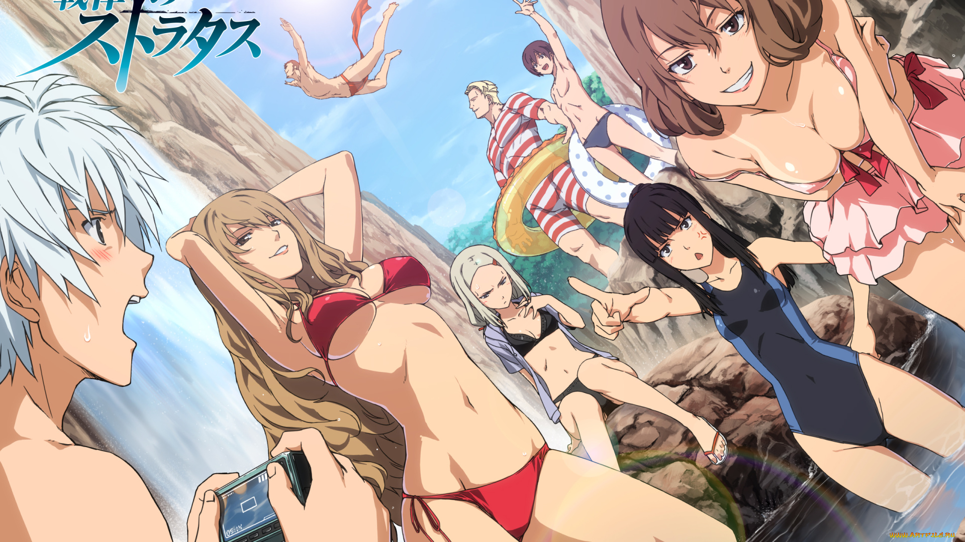 senritsu, no, stratus, аниме, unknown, , другое, фотоаппарат, озеро, круг, лето, скалы, senritsu, no, stratus, арт, парни, девушки