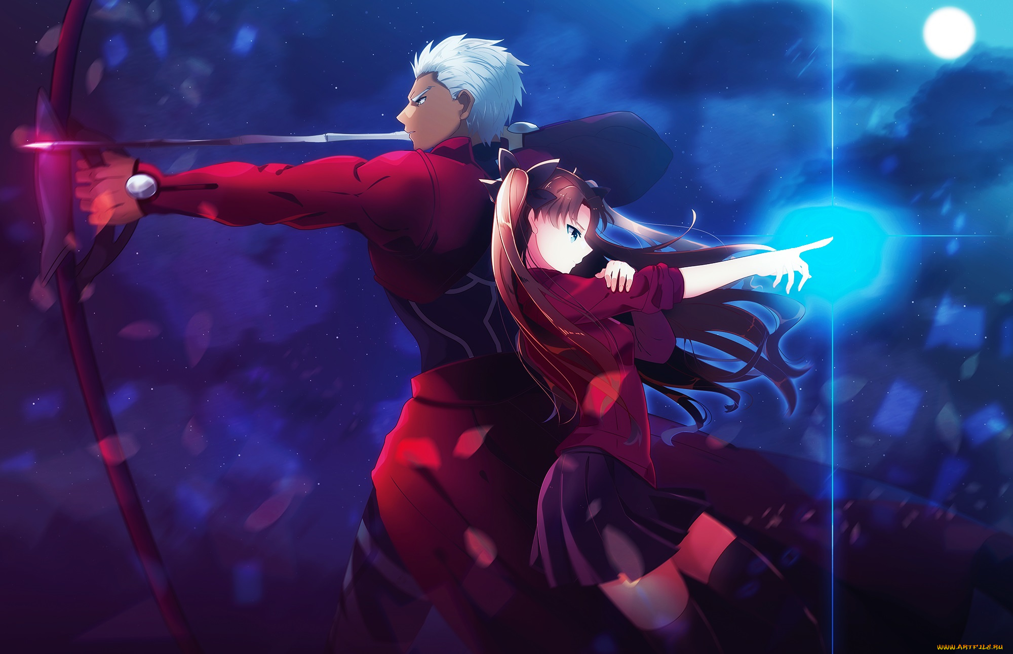 аниме, fate, stay, night, stay, night, archer, tohsaka, rin, небо, ночь, судьба, луна, jeran, ggokd, арт, арчер, тосака, рин, лук, парень, дух, девушка