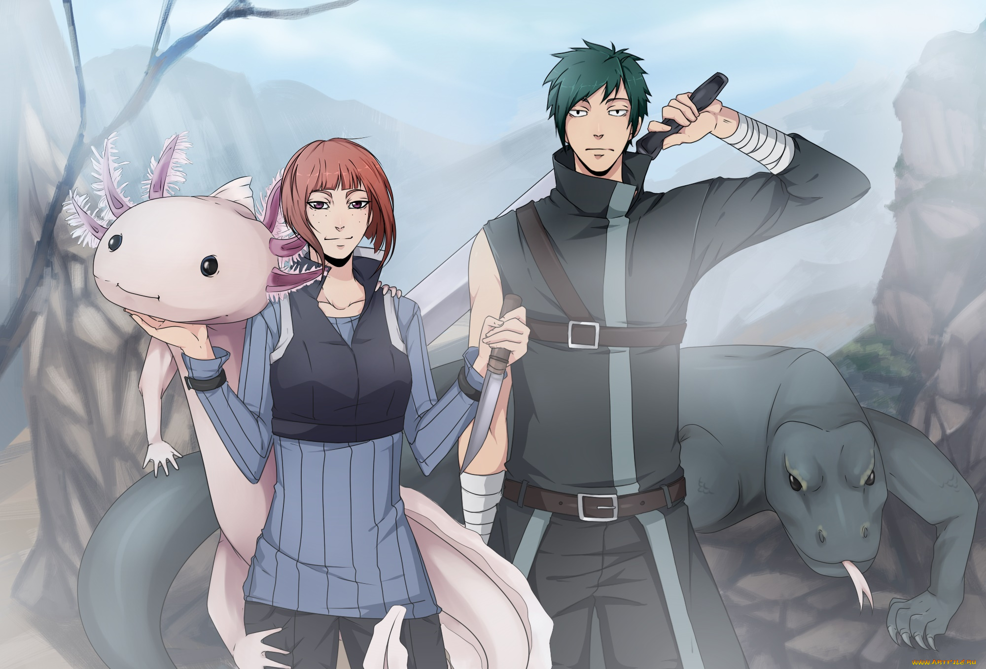 аниме, naruto, парень, оружие, варан, девушка, взгляд, фон