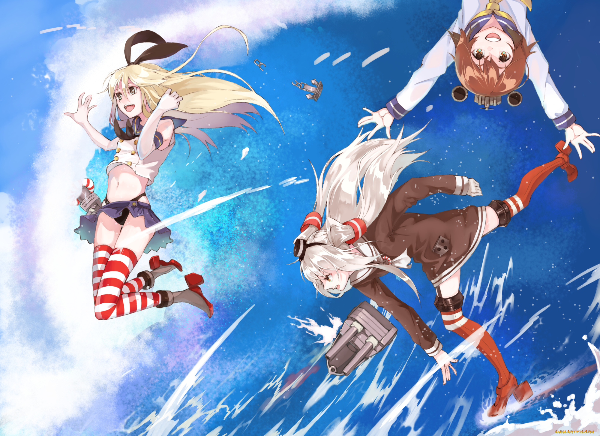 аниме, kantai, collection, девушки, amatsukaze, kancolle, shimakaze, yukikaze, kantai, collection, небо, море, арт