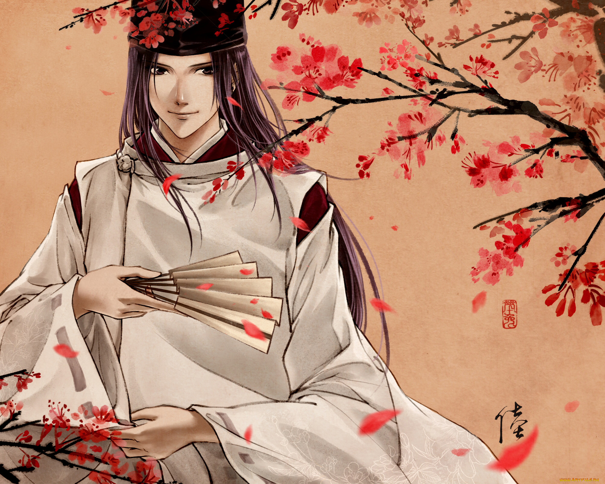 аниме, hikaru, no, go, арт, улыбка, веер, цветы, дерево, дух, парень, fujiwara, no, sai, hikaru, go