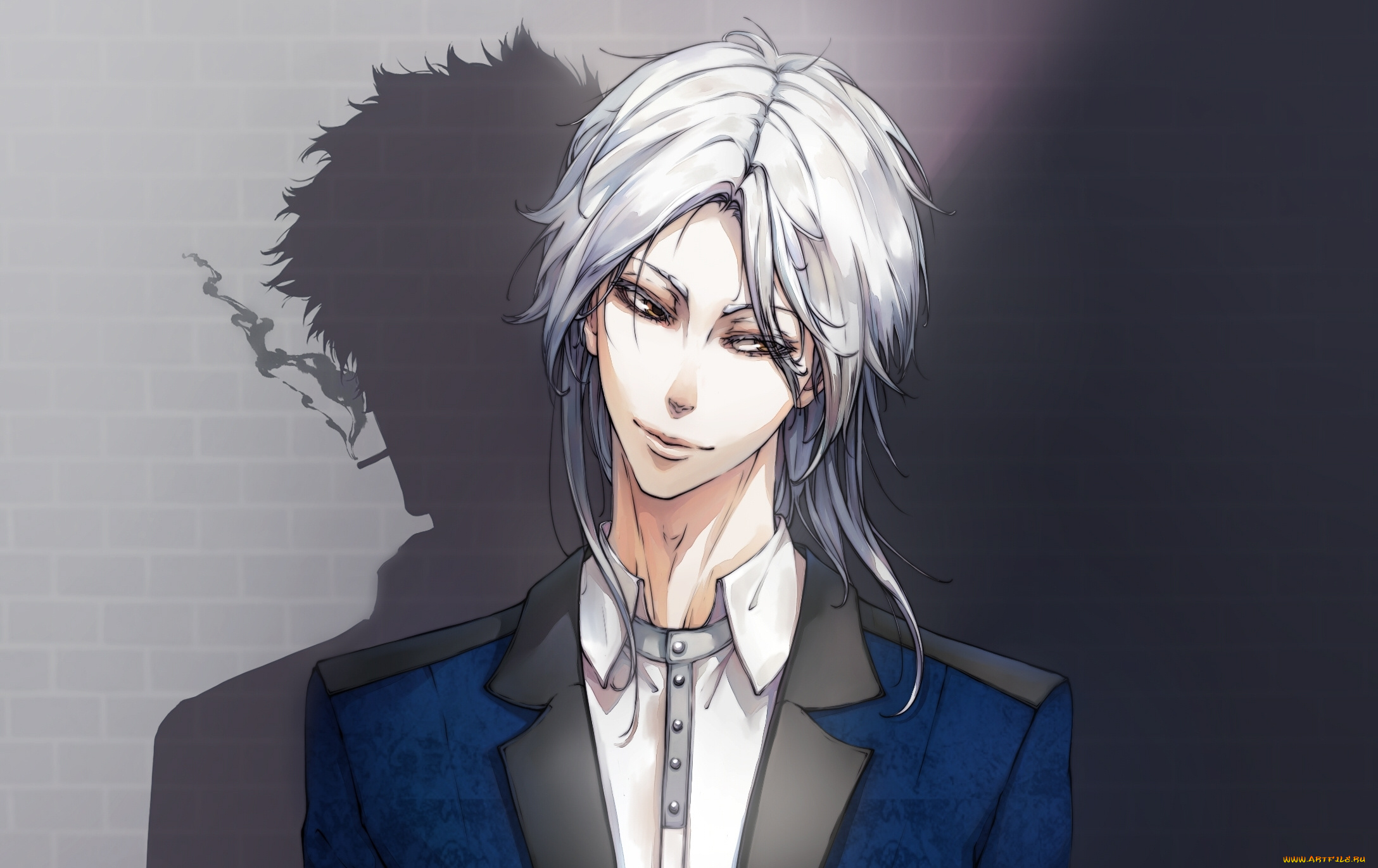 аниме, psycho-pass, парень, kougami, shinya, тень, дым, сигарета, арт, makishima, shougo