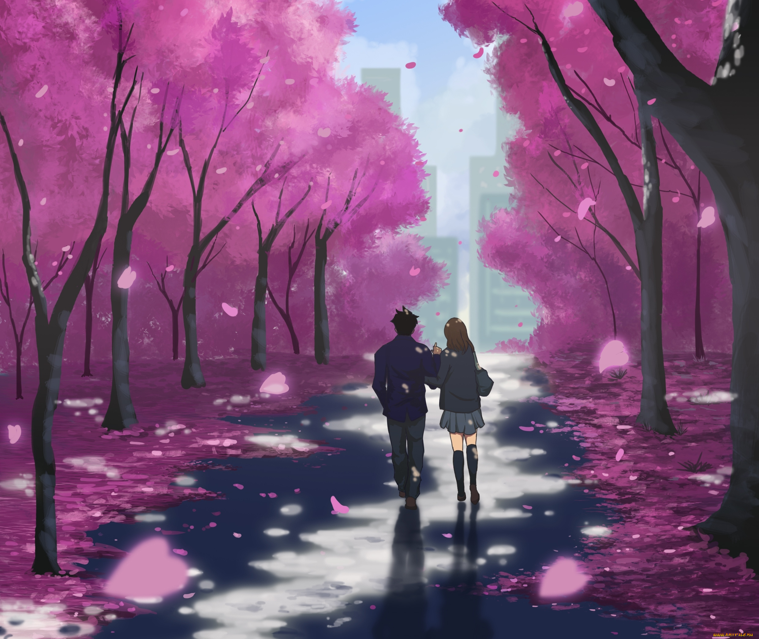 аниме, город, , улицы, , здания, арт, donsaid, dias, mardianto, парень, школьники, девушка, форма, сакура, деревья