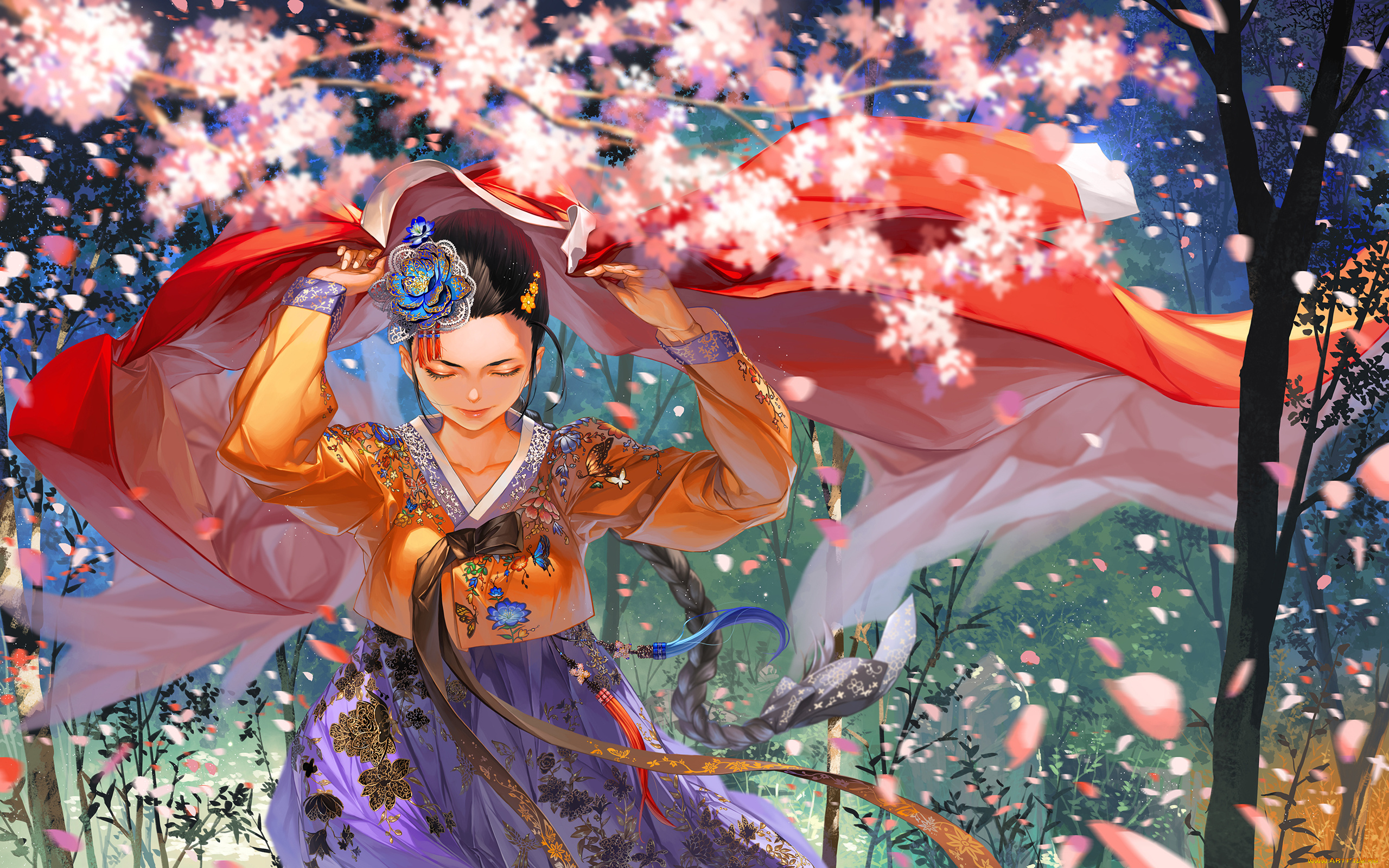 аниме, unknown, , другое, деревья, лепестки, костюм, девушка, арт, justminor