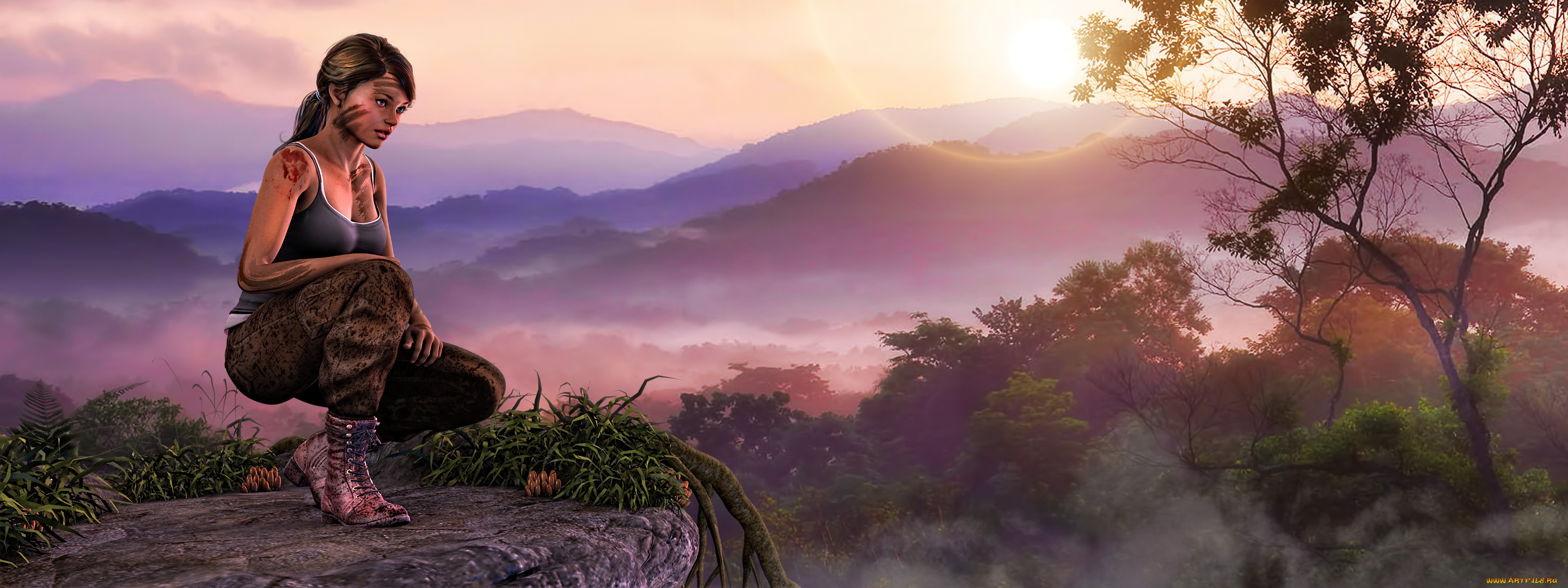 3д, графика, люди, , people, девушка, взгляд, фон, горы, лес, туман