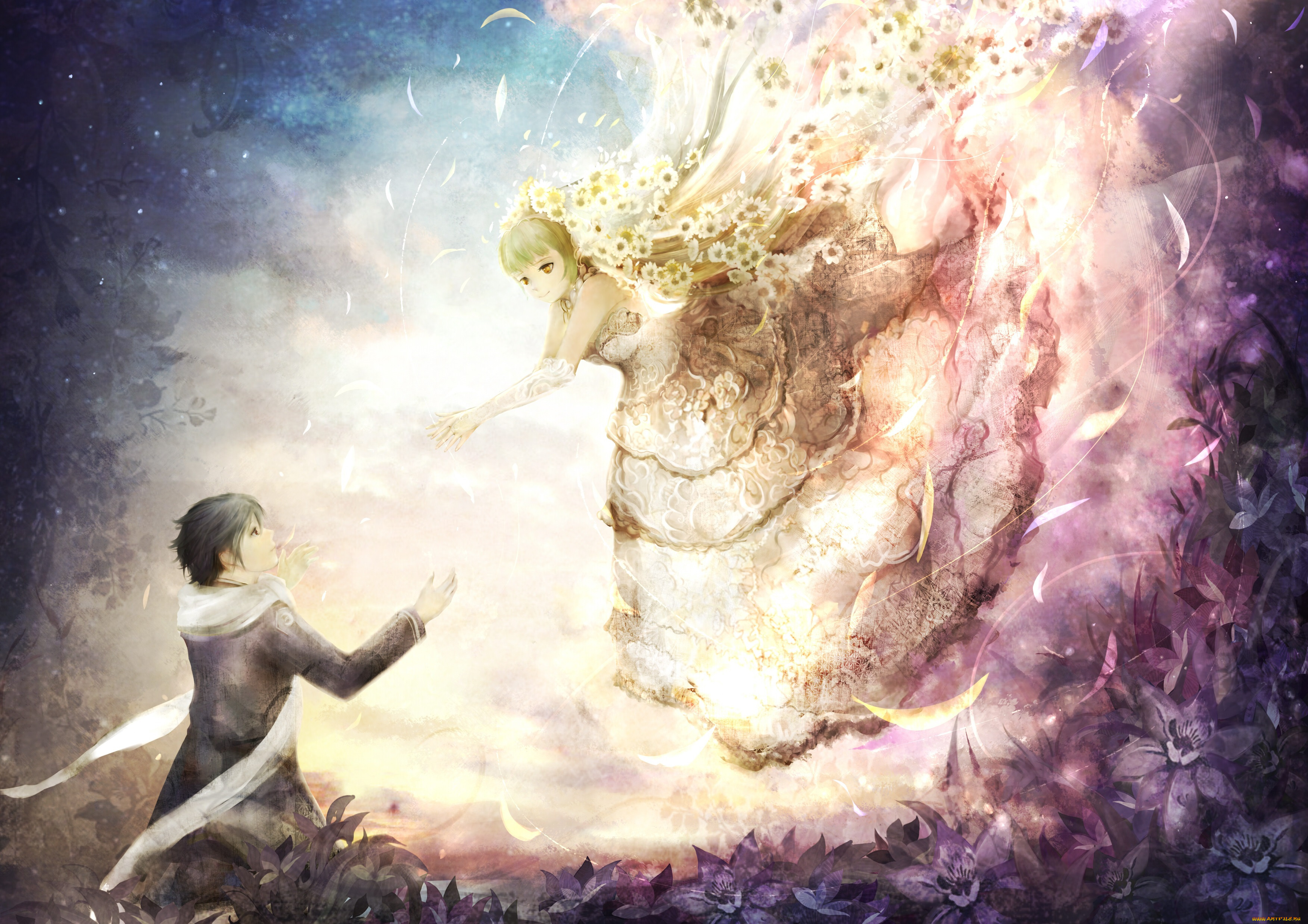 аниме, unknown, , другое, zhang-xiao-bo, арт, парень, девушка, романтика, любовь, цветы