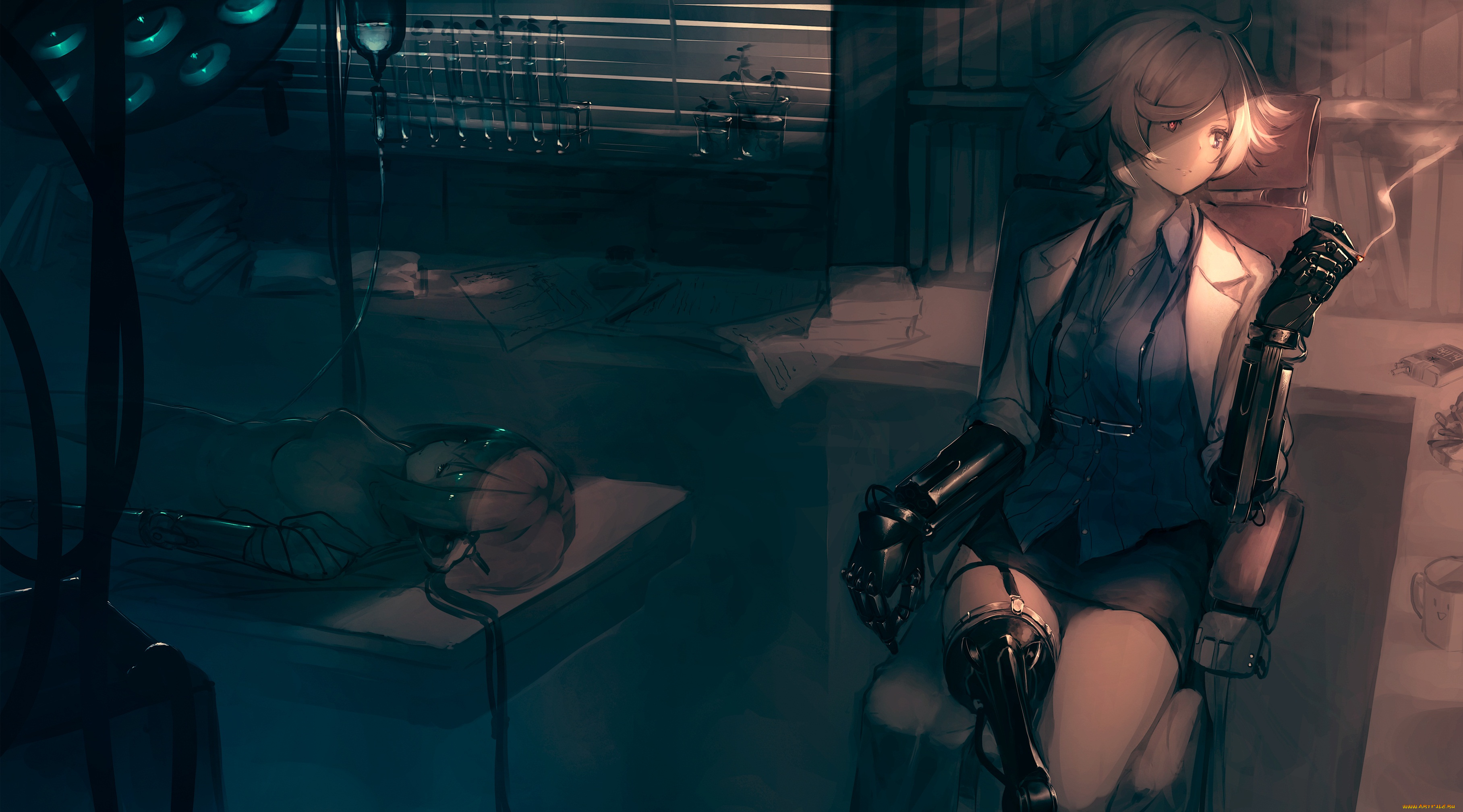 аниме, оружие, , техника, , технологии, киборг, лаборатория, девушка, сигарета, арт, garuku