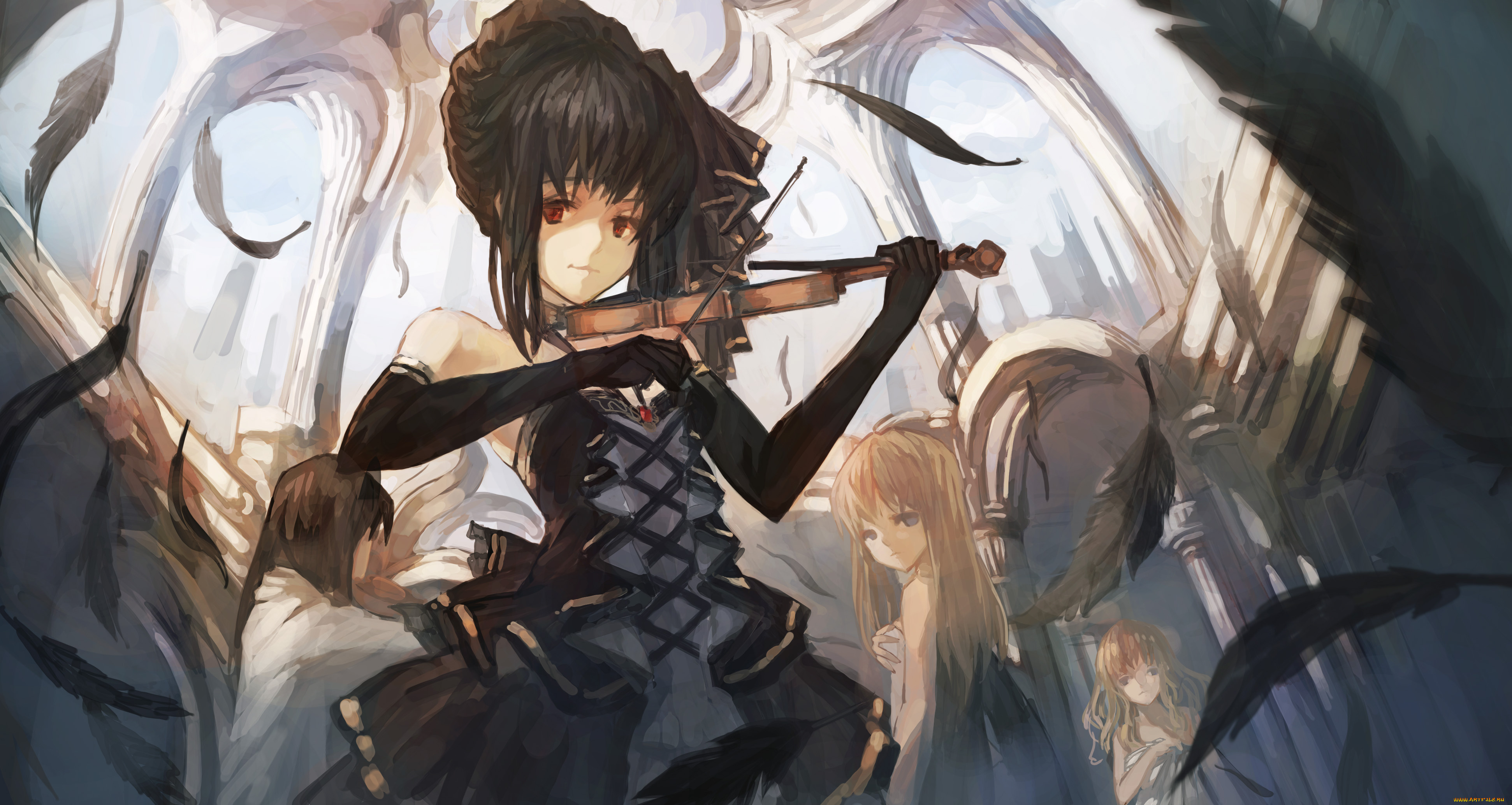 аниме, музыка, qghy, платье, скрипка, девушка, арт