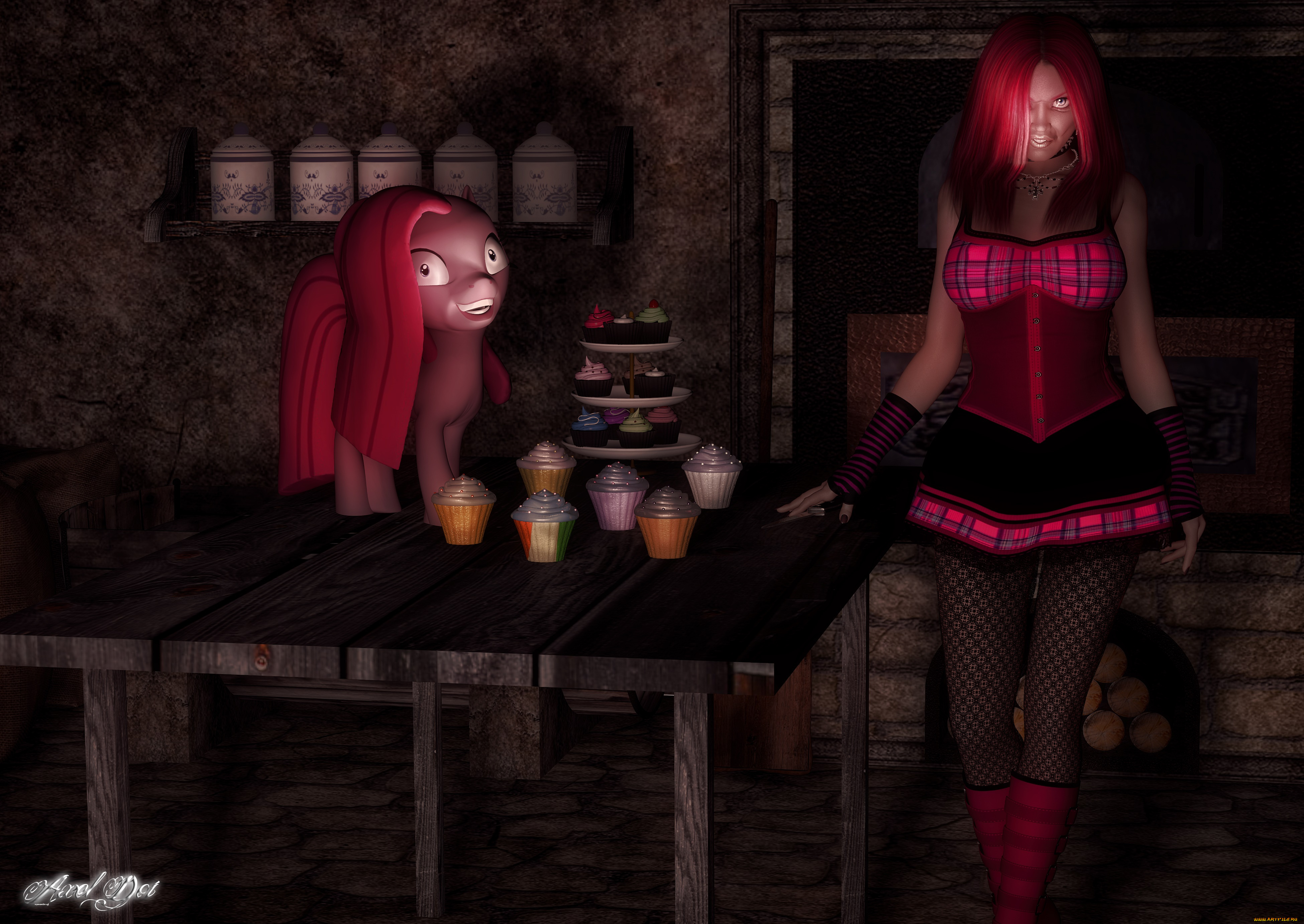 3д, графика, люди, , people, стол, угощение, пони, фон, взгляд, девушка