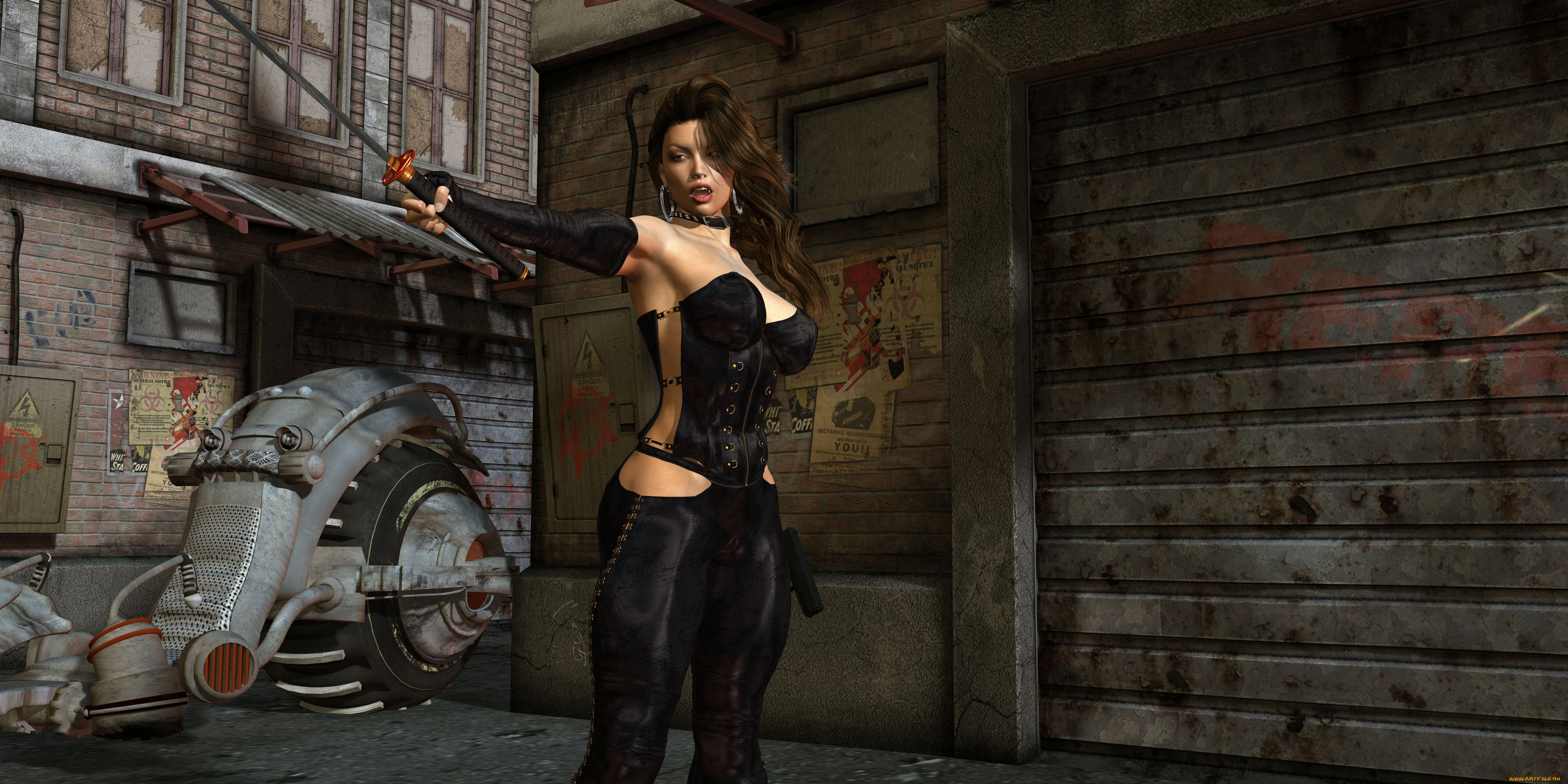 3д, графика, фантазия, , fantasy, девушка, взгляд, фон, оружие