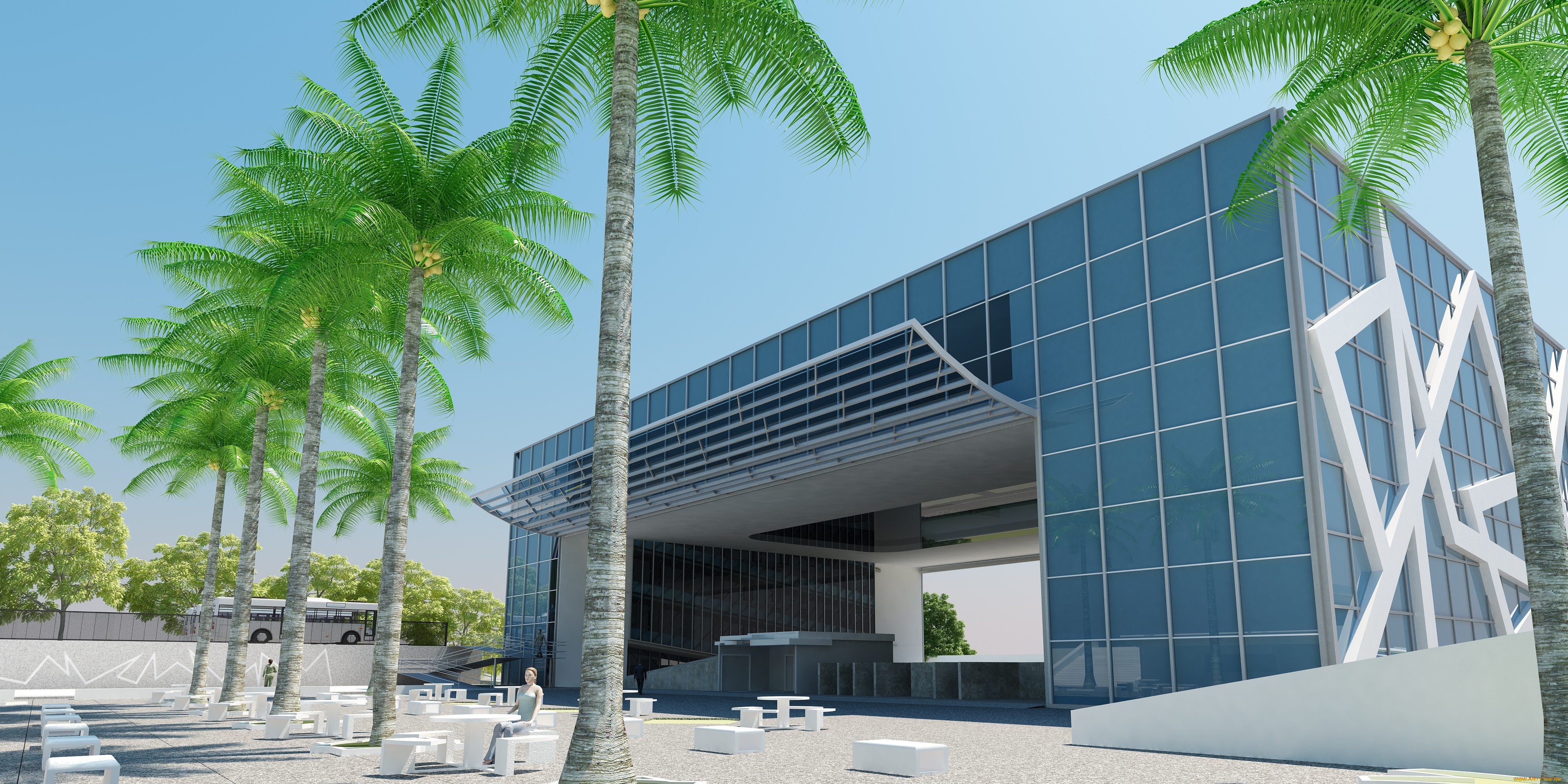 3д, графика, архитектура, , architecture, небо, пальмы, дом