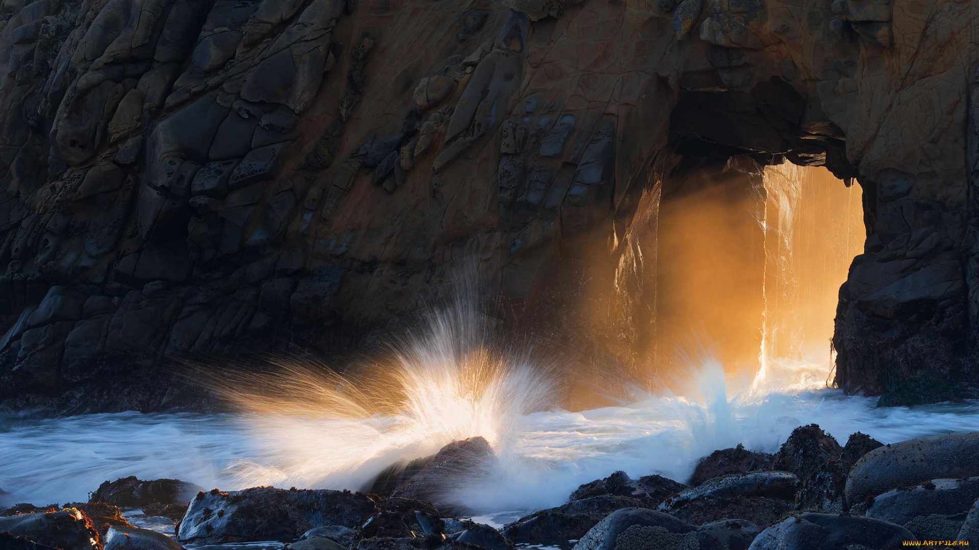природа, реки, озера, калифорния, скала, брызги, свет, грот, арка, сша, штат, камни, волны, pfeiffer, beach
