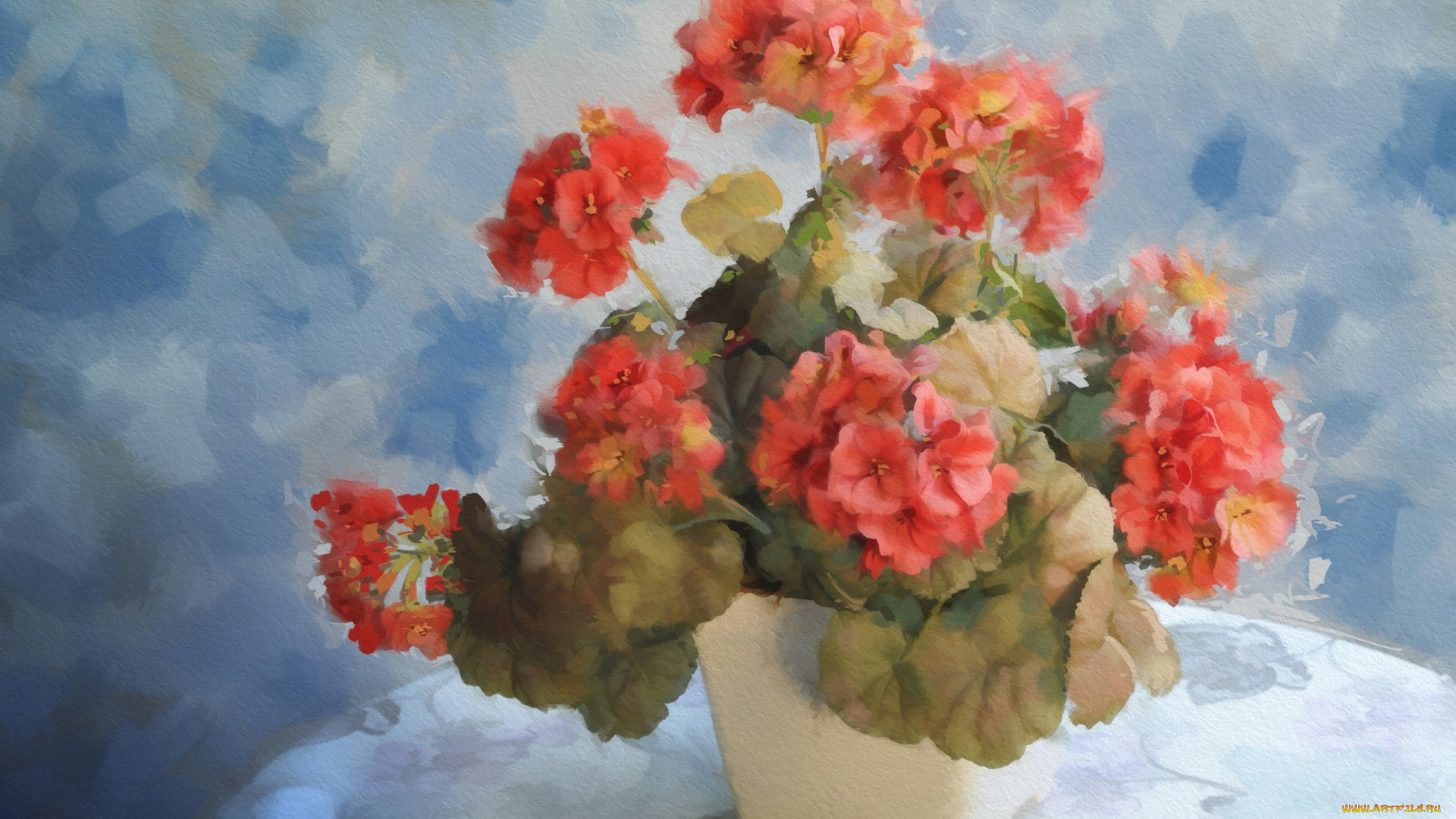 рисованное, цветы, цветок, герань, вазон