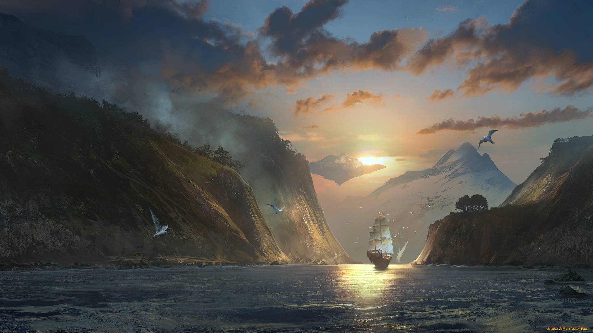 рисованное, природа, берег, корабль, парус, море, горы, скалы, небо, облака, птицы, волны, вода